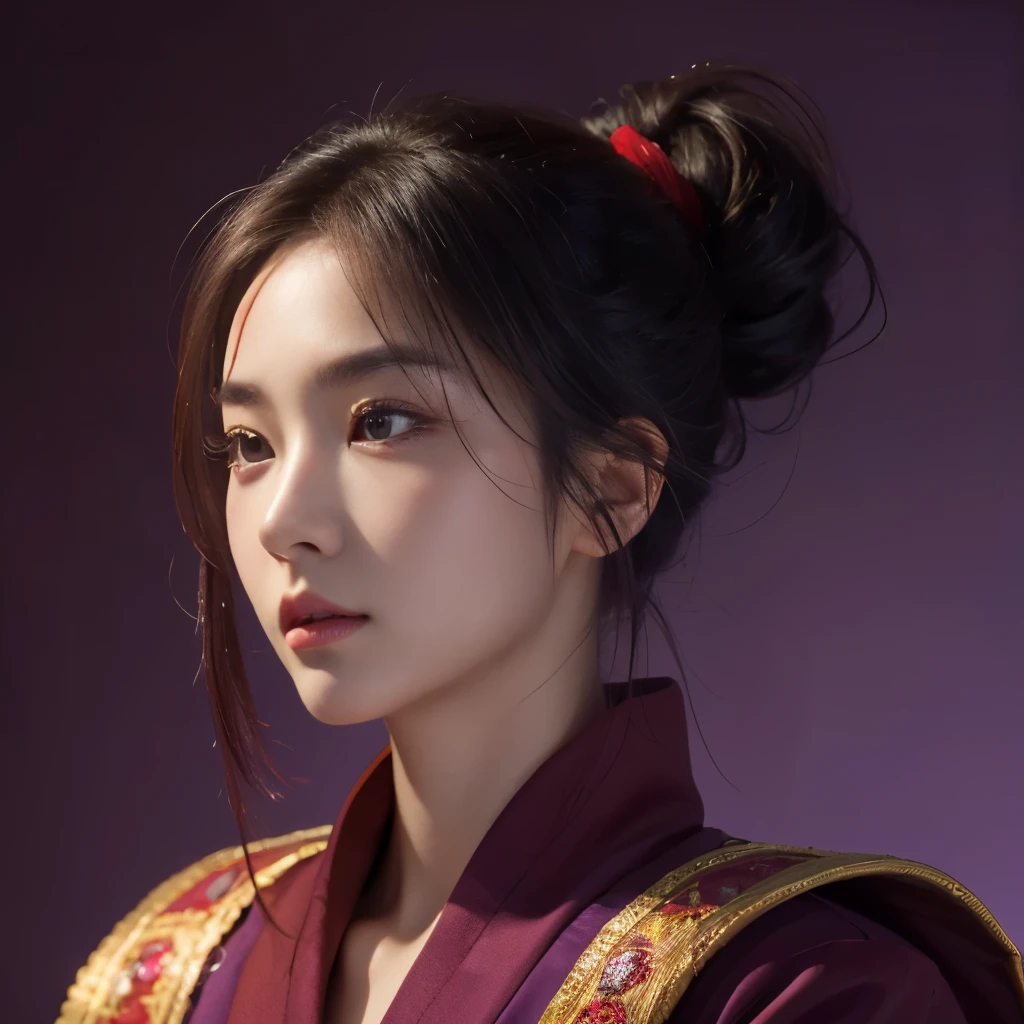 Background solid color，beautiful girl，ponytail，high nose，Oval face，red phoenix eye，Liu Yemei，purple robe，Ultra-clear，Realistic，8k resolution，Photography