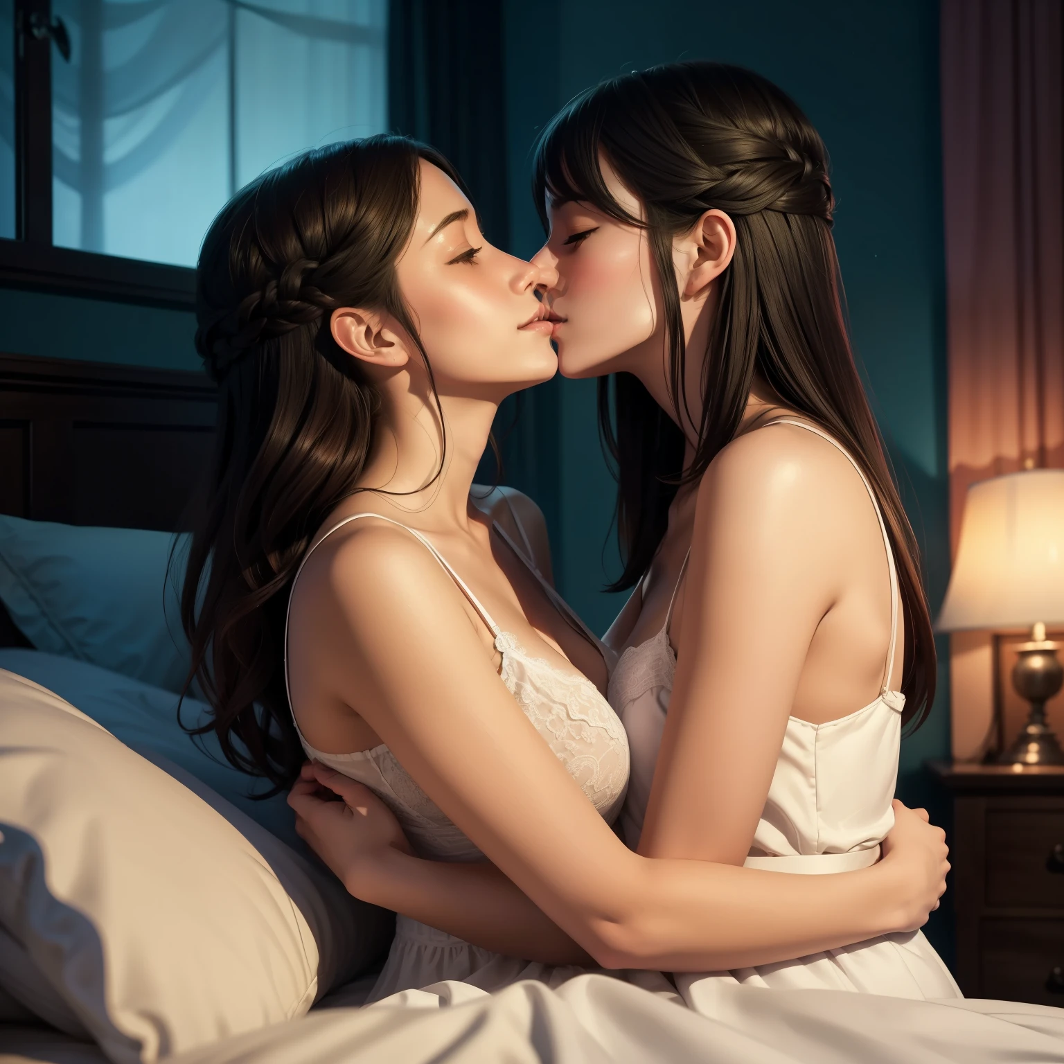 they are two women in bed with white sheets and a lamp, lesbian art, kissing together cutely, lesbian embrace, two beautiful anime girls, lesbian kiss, alena aenami and lilia alvarado, wlop and sakimichan, kissing together, ilya kuvshinov. 4 k, artwork in the style of guweiz, anime girls
