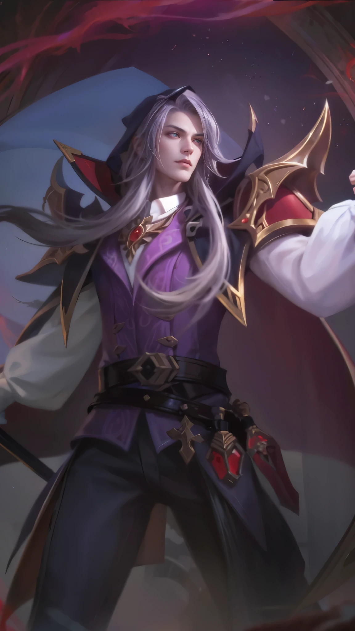 a close up of a person holding a sword in a dark room, heise jinyao, astri lohne, inspired by Huang Shen, male vampire of clan banu haqim, zhongli from genshin impact, alucard, casimir art, keqing from genshin impact, karthus from league of legends, skinny male fantasy alchemist.