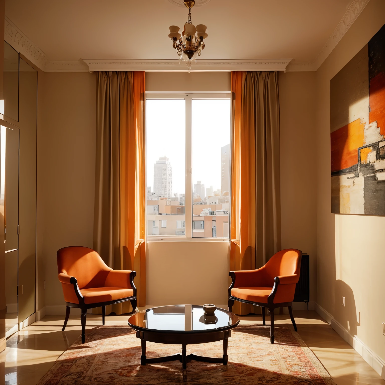 Luxury room, elegant color, empty, modern design, beige, city on window, picture on the wall modern art colorful red blue orange, cozy interior
