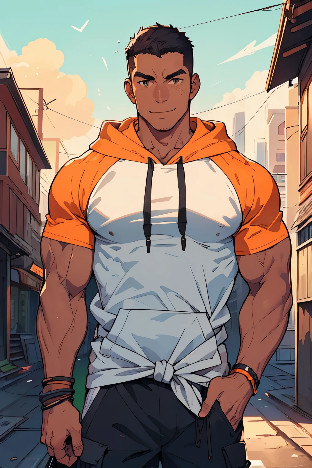 Masterpiece, Best Quality, Ultra Detailed, 1man, big, strong, jock, muscular, hunk, bara, jock, beef, athletic, tanned skin, black hair, (buzz cut:1.0), very short haircut, orange eyes, very detailed eyes, smiling, wearing airdots, classic short sleeve t-shirt, gray t-shit, (((hoodie tied around waist:1.0))), black pants, cargo pants, medium full shot, cursed energy flowing around his body, city streets background, daylight, Illustration of,dabuFlatMix_v10.safetensors,Black,Cursed energy,Male focus,pastelbg,nijimale,mature male