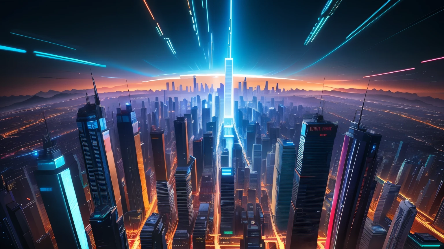 masterpiece, highest quality, (Highly detailed CG unit 8k wallpaper) (highest quality), (Best Illustration), anime, city, cyberpunk city, neon blue sky, --v6