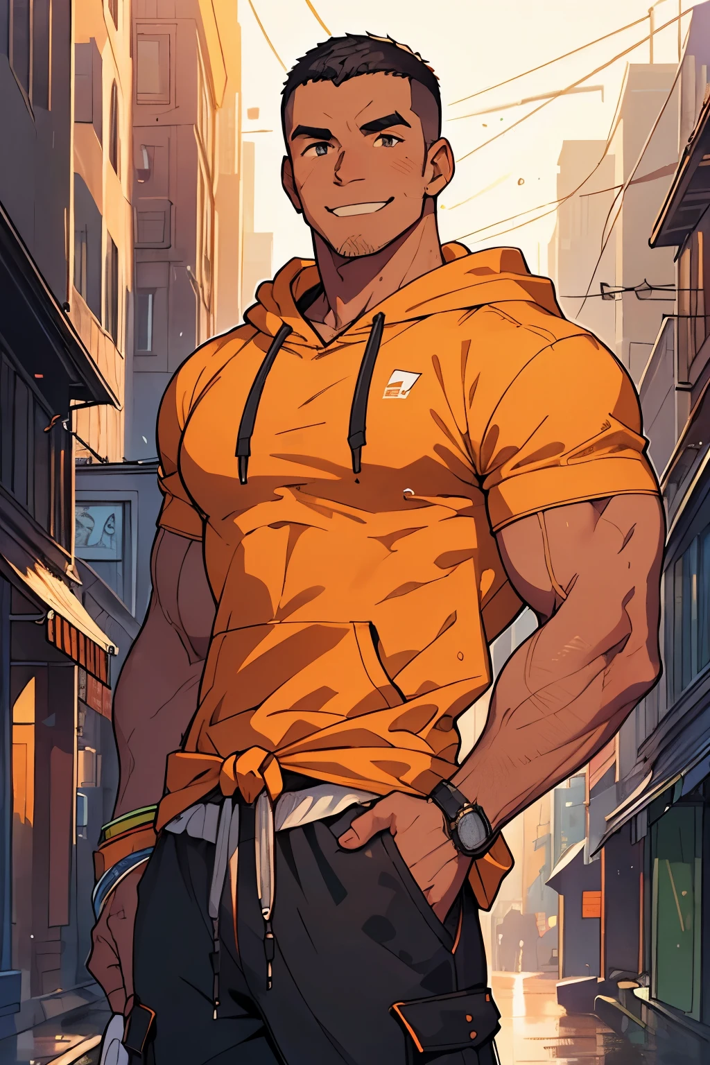 Masterpiece, Best Quality, Ultra Detailed, 1man, big, strong, jock, muscular, hunk, bara, jock, beef, athletic, tanned skin, black hair, (buzz cut:1.0), very short haircut, orange eyes, very detailed eyes, smiling, wearing airdots, classic short sleeve t-shirt, gray t-shit, (((hoodie tied around waist:1.0))), black pants, cargo pants, medium full shot, cursed energy flowing around his body, city streets background, daylight, Illustration of,dabuFlatMix_v10.safetensors,Black,Cursed energy,Male focus,pastelbg,nijimale,mature male