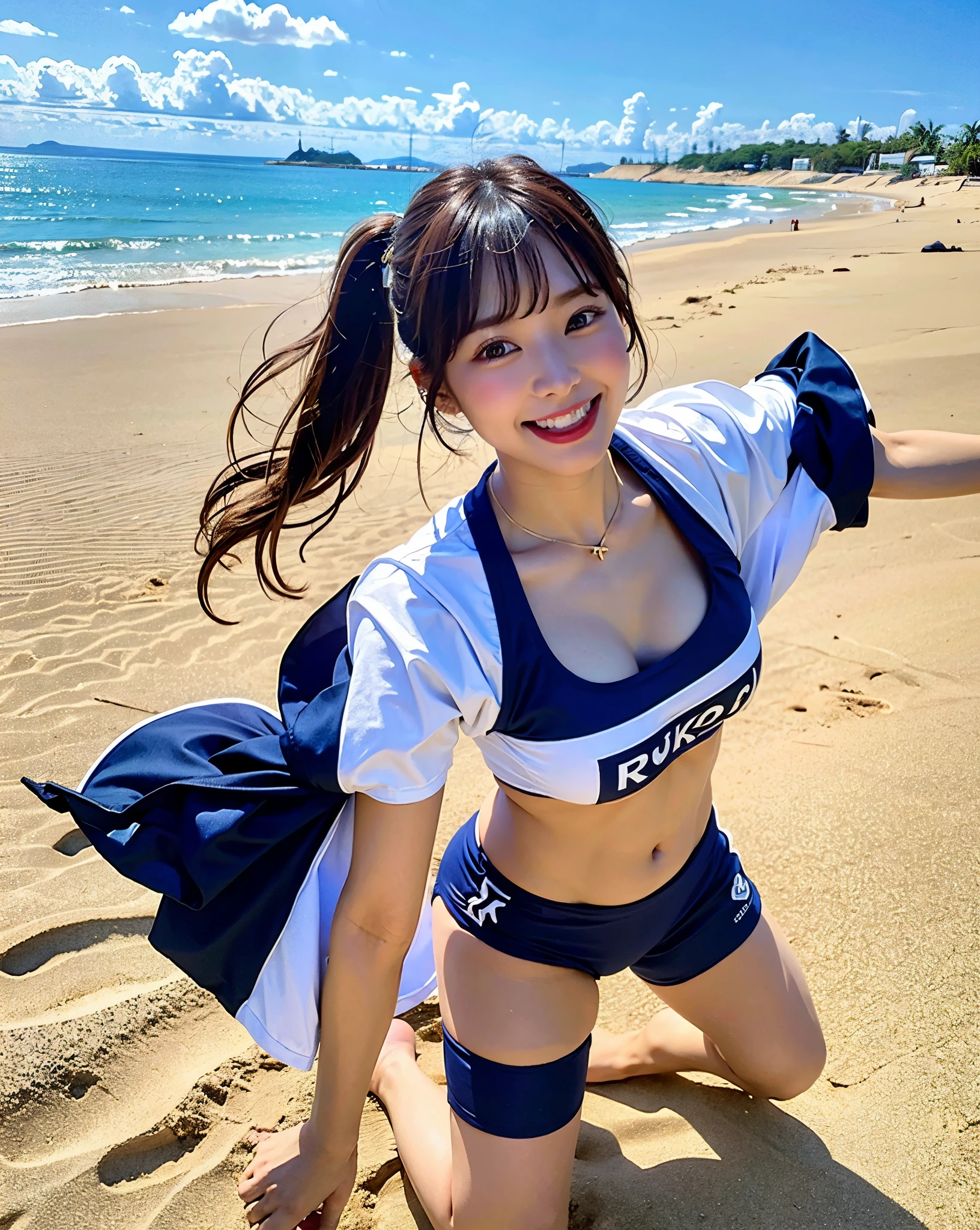 8K,masterpiece,Japanese,,from the front,smile,cute,Innocent face,Innocent,Kind eyes,Childish,Volleyball Uniforms,Beach Volleyball,semi-long,Hair blowing in the wind,Black Hair,Somewhat strong wind,noon,bright,M-shaped feet, (Large Breasts:1.2),(Emphasize the chest)