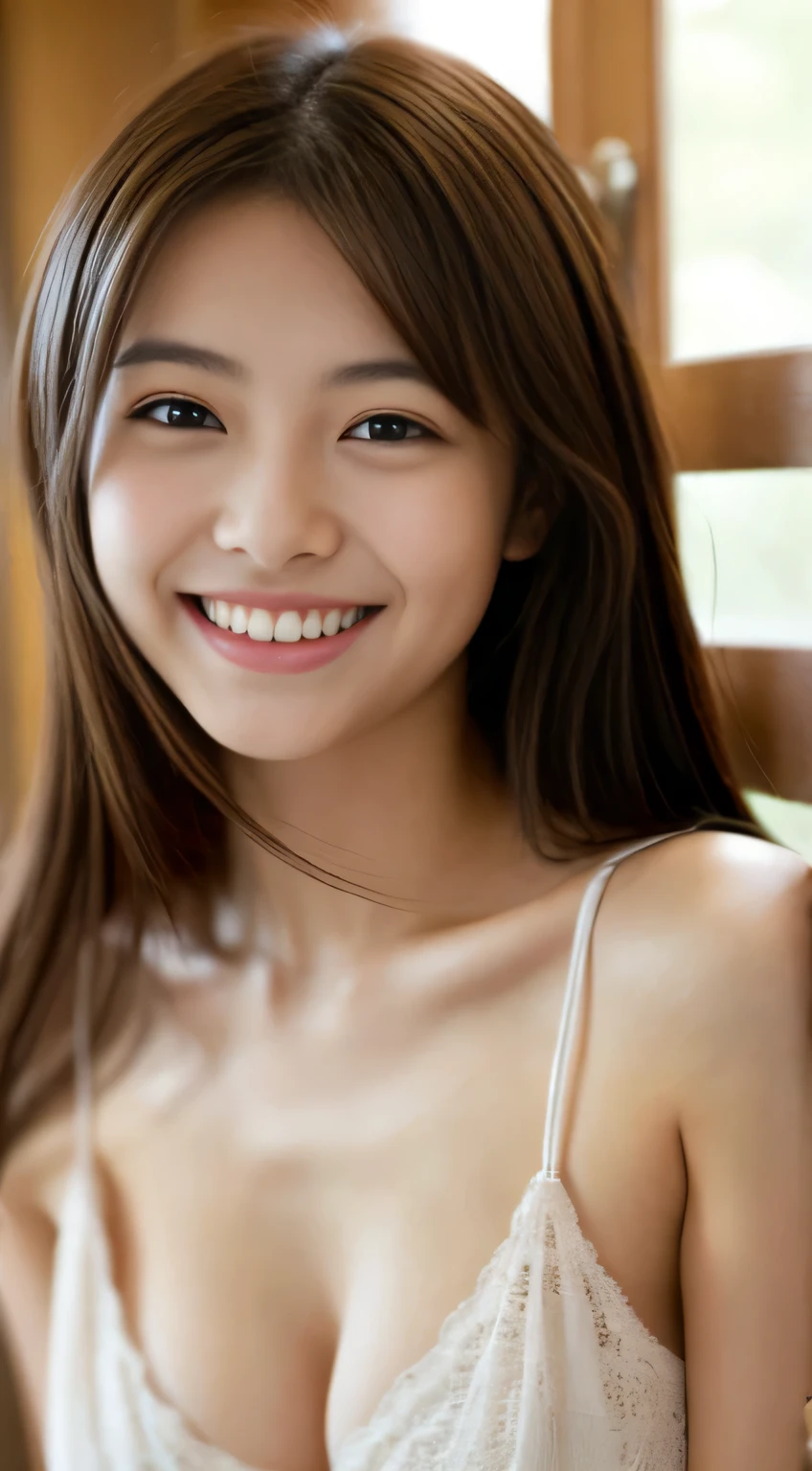 masterpiece,best quality,(Japanese ),((Beautiful girl)),cleavage,indoor,(perfect body beauty:1.2),(shy smile),beautiful teeth,