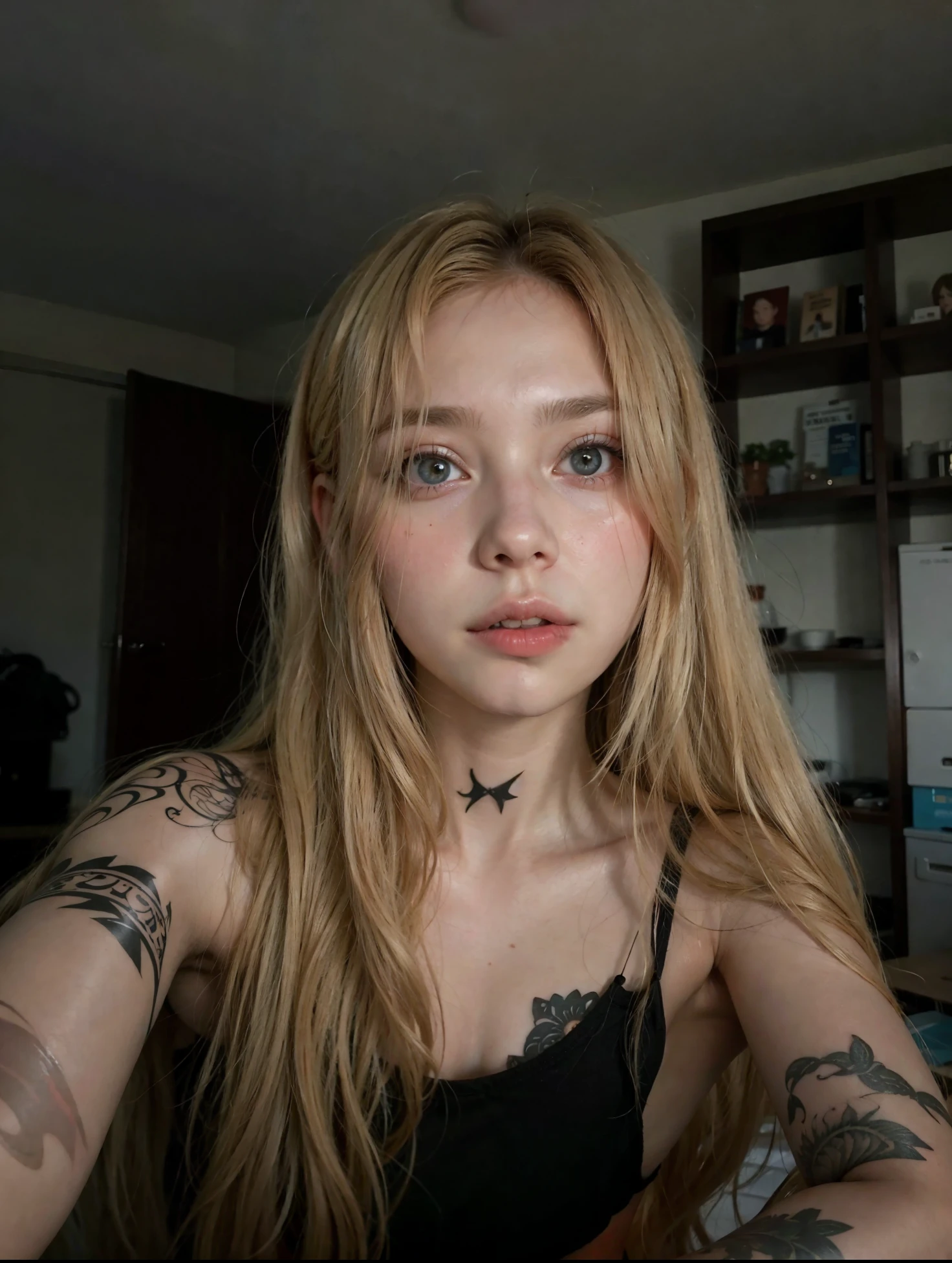 blond woman with tattoos on her arms taking a selfie, yelena belova, anna nikonova aka newmilky, 🤤 girl portrait, 19-year-old girl, with pale skin, 1 7 - year - old goth girl, dasha taran, 18 years old, with long hair and piercing eyes, with long blond hair