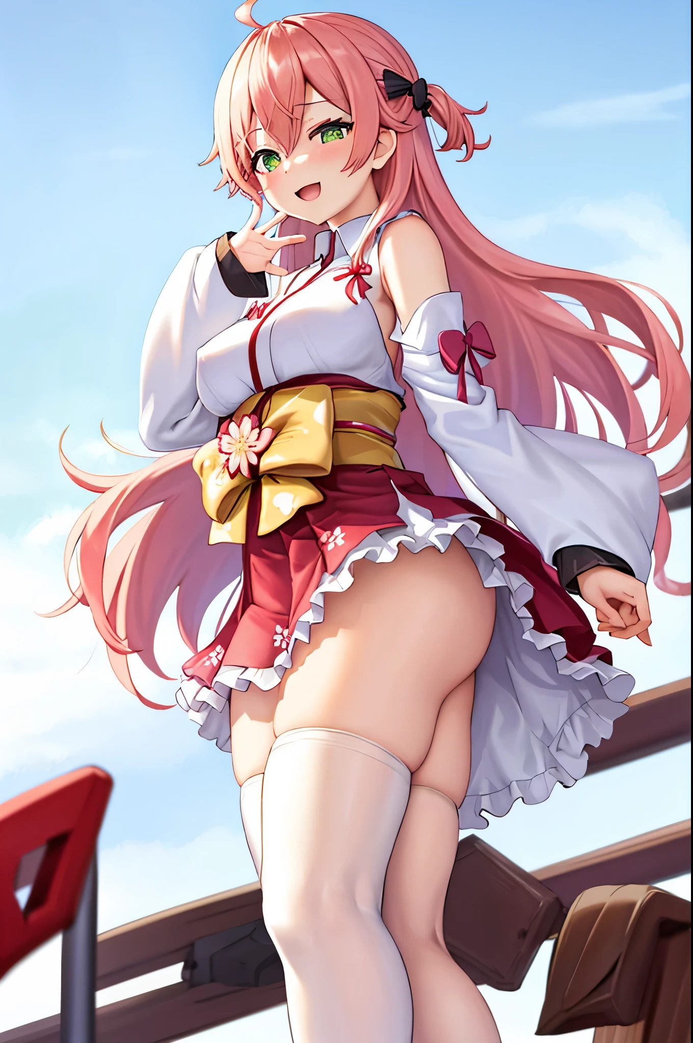 masterpiece, best quality, highres, sakura_miko, 1girl, (:1.3),medium_breasts, kimono, solo, ahoge, x_hair_ornament, pink_hair, floral print, hairclip,(side_less_clothes:1.3), (side_breasts:1.3), hair_bell, floral print, long_hair, hair between eyes, one side up, white_thighhighs, wide sleeves, open_mouth,(happy:1.3),green_eyes,smile,apart_legs,(overly_long_sleeves:1.3),),sleeves_past_wrists,hands_hidden_sleeves,sidelock_clothes,solo,hidden_wrists,(XD:1.5),covered_nipples,sunlight,(bare_flank:1.3),boots,open_mouth,kimono,close_eyes,apart_legs