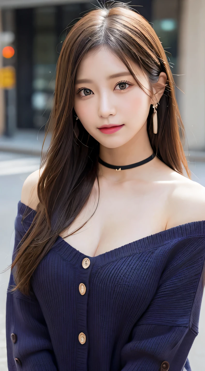 masutepiece, Best Quality, Illustration, Ultra-detailed, finely detail, hight resolution, 8K Wallpaper, Perfect dynamic composition, Beautiful detailed eyes, doress,Medium Hair, mid-chest, Natural Color Lip, Random and sexy poses,Smile,Aoyama Street Walk、20 years girl、Colossal tits、Too much exposure、No shoulder knitwear(purpleish color)、The chest is free、Large buttons、Slid、Choker with chain(Black)、I keep my hair tied