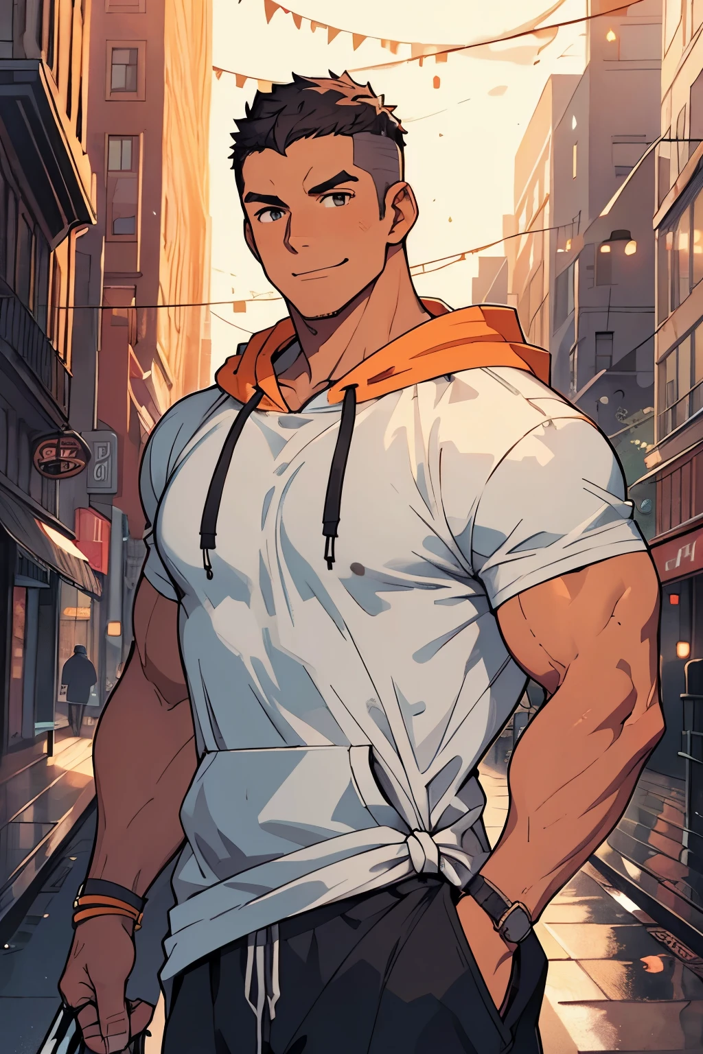 Masterpiece, Best Quality, Ultra Detailed, 1man, big, strong, jock, muscular, hunk, bara, jock, beef, athletic, tanned skin, black hair, (buzz cut:1.0), very short haircut, orange eyes, very detailed eyes, smiling, wearing airdots, classic short sleeve t-shirt, gray t-shit, (((hoodie tied around waist:1.0))), black pants, cargo pants, medium full shot, cursed energy flowing around his body, city streets background, daylight, Illustration of,dabuFlatMix_v10.safetensors,Black,Cursed energy,Male focus,pastelbg,nijimale,mature male