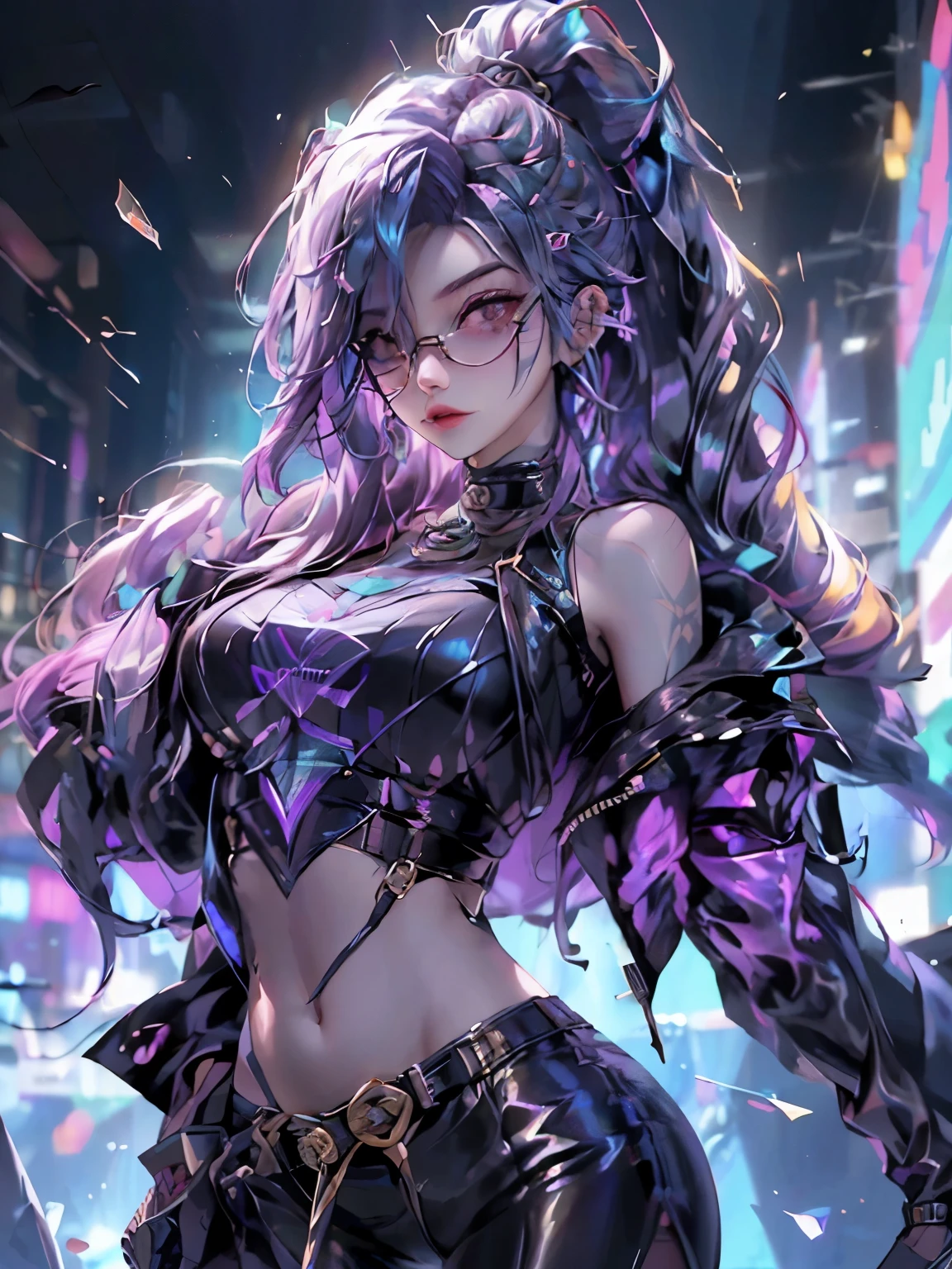 in cyberpunk city, cyberpunk photo, cyberpunk 2 0 y. o model girl, in a futuristic cyberpunk city, female, in a cyberpunk city, cyberpunk beautiful girl, in cyberpunk style, cyberpunk girl, futuristic cyberpunk tokyo night, at cyberpunk city, (tmasterpiece、4k resolution、ultra-realistic realism、The is very detailed), "Full and juicy lips, mesmerizing wide eyes, a defined jawline, and high cheekbones. A perfectly symmetrical face with distinct features.", wearing glasses, Japaneses, Irelia from league of legends