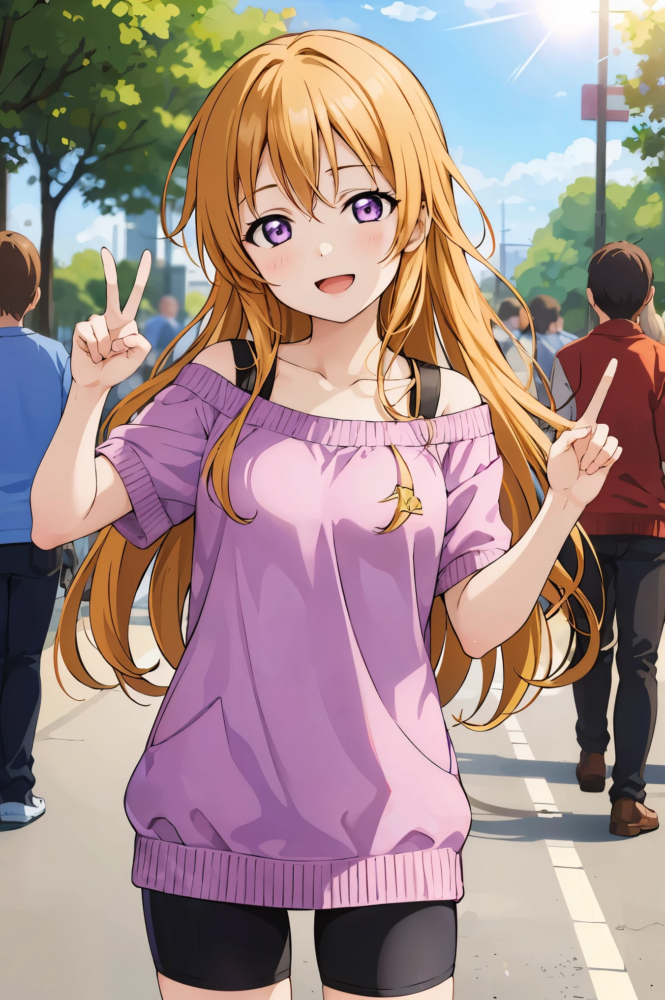 (best quality, masterpiece:1.2), (1girl, solo:1.2), cute, smile,  detailed background, (looking at viewer, solo focus:1.2), light on face, sky, blue sky, cowboy shot, sunlight, lens flare, depth of field, scenery, open mouth,
Kanata konoe, long hair, purple eyes, blonde hair, straight hair, off shoulder, purple shirt, short sleeves, bike shorts, standing, two peace sign, solo focus,