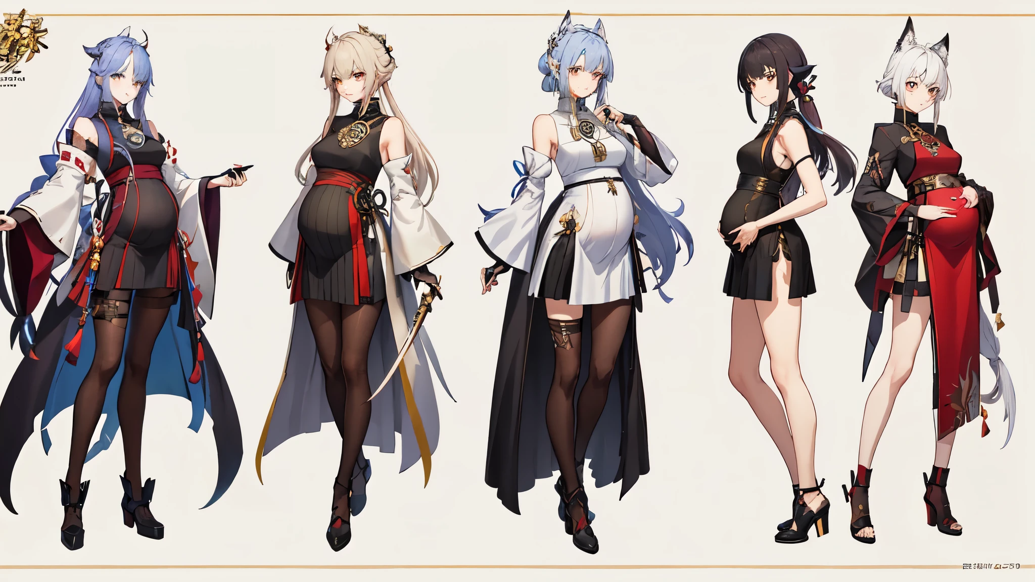 a woman in a dress holding a dagger and a dagger, video game character, from arknights, fox nobushi holding a dagger, hajime yatate, keqing from genshin impact, random haired deity, with small sword, ayaka genshin impact, female action anime girl, official character art, anime character, pregnant anime girl, fetus, random hair color, pregnant belly