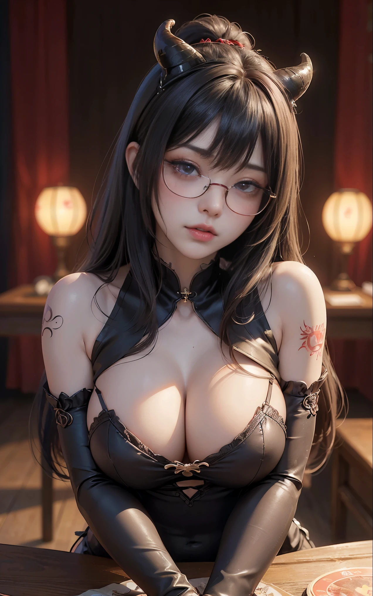 got itですかですか、(best illustrations)、8k UHD resolution、intricate details、highest quality、realistic、Super detailed、best lighting、best shadow、soft lighting、ultra hd、超realistic、Tyndall effect、Photoreal、(high detail skin:1.2)、 (intricate details, compensate, face to face with the children_v1:0.5), (got it, beautiful and delicate face, got itですか, beautiful and delicate eyes, perfectly proportioned face, high resolution skins, fine skin, Optimal ratio of 4 fingers and 1 thumb, arm under chest, red tattoo on lower abdomen、Wow wow, wide hips, smooth abdomen, thin and thin skin, __fashion__, __hair__:1.25)、Digital single-lens reflex camera、 absurd、(table top: 1.3), (maximum resolution: 1.2), (ultra hdTV: 1.2), cinematic light, fine eyes and skin, detailed facial features, , (sharp focus: 1.2), (focus on the face:1.2),perfect style, beautiful face, acura, anatomically correct, Highly detailed face and skin texture, fine eyes, double eyelid, thin eyebrows, glitter eyeliner: 1 natural cheeks, Glossy skin, Fair skin: 1.2, (glossy lips: 1.4),(embarrassed look: 1.2),Highly detailed face and skin texture, fine eyes, double eyelid, natural cheeks, glossy lips: 1.4,exposed cleavage、Bewitching。charm、 Beautiful devil woman from hell, デヴィッド・ホックニーとアルフォンス・ミュシャによる超realistic女性の肖像画, charm女性の肖像画、fantasy art, Chinese humanoid robot、chinese actress、dungeon、dragon、devil'palace of、devil'torture chamber、night、dark style 、in the dark、(detailed spooky background:0.8), magic、 1 girl、evil nun、dark necromancer、Succubus、devil'Daughter of、Shinonome Umi、bat wings,(((devil'Horn)))、 ((((giant glasses, otaku glasses, thick glasses, round glasses)))),(((big breasts)))、(devil'tail)、(red eyesは光り輝いて:1.6)、red eyesは非常に鮮明で詳細です, your eyes are so beautifully made, ((red eyes:1.0)),intricate tattoo, demonic intricate tattoo, thigh tattoo, body tattoo, masterpiece、最もbeautiful face、baby face、cute smile、beautiful plump red lips、筋肉のcharm体、devilのcharm体、devil style、charmブラックマジックコスチューム、The long-haired、Braid、Black hair、Ponytail distortion、, Ponytail with a bow tied at the back of the hair, beautiful expression、body up、big breasts強調、bust, super tight chest, Breast augmentation surgery, Breasts are very big and round,tight waist、wide ass、 secret key, cowboy lens, (black phoenix dress: 1.0), devil crown, bright red jewel necklace、Jewelry G Wise, Please wear black mesh socks,wearing light red、nffsw, nffsw, Meeting beautiful girls, look at the girl'Main body,