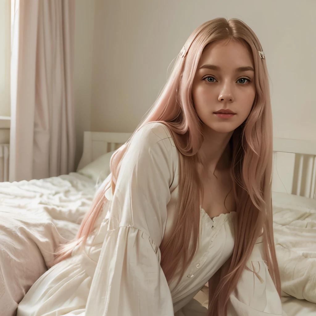 Girl, soft long pink hair, green eyes, calm features, white skin, young woman, dress style with sleeves, room
