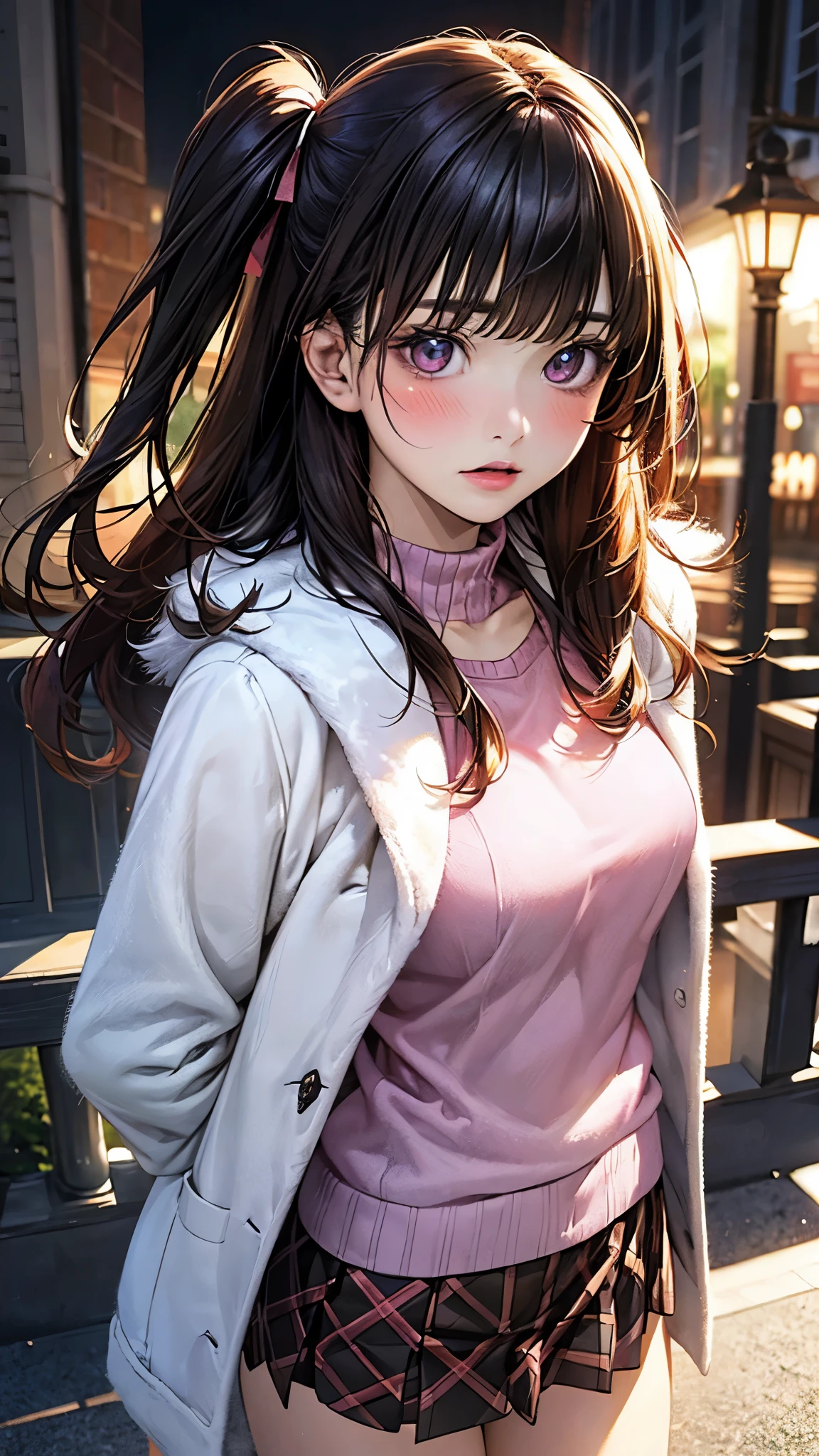 (masterpiece:1.2, top-quality), (realistic, photorealistic:1.4), beautiful illustration, (natural side lighting, movie lighting), depth of fields, 
looking at viewer, 1 girl, japanese, high school girl, perfect face, cute and symmetrical face, shiny skin, 
(long hair:1.7, (two side up:1.4), black hair), blunt bangs, swept bang, purple eyes, long eye lasher, (medium breasts), slender, light red hair ribbon, 
beautiful hair, beautiful face, beautiful detailed eyes, beautiful clavicle, beautiful body, beautiful chest, beautiful thigh, beautiful legs, beautiful fingers, 
((white fur jacket, pink sweater, brown burberry check mini skirt)), boots, 
(beautiful scenery), evening, (riverside), walking, hands on chest, (blush, surprised), 