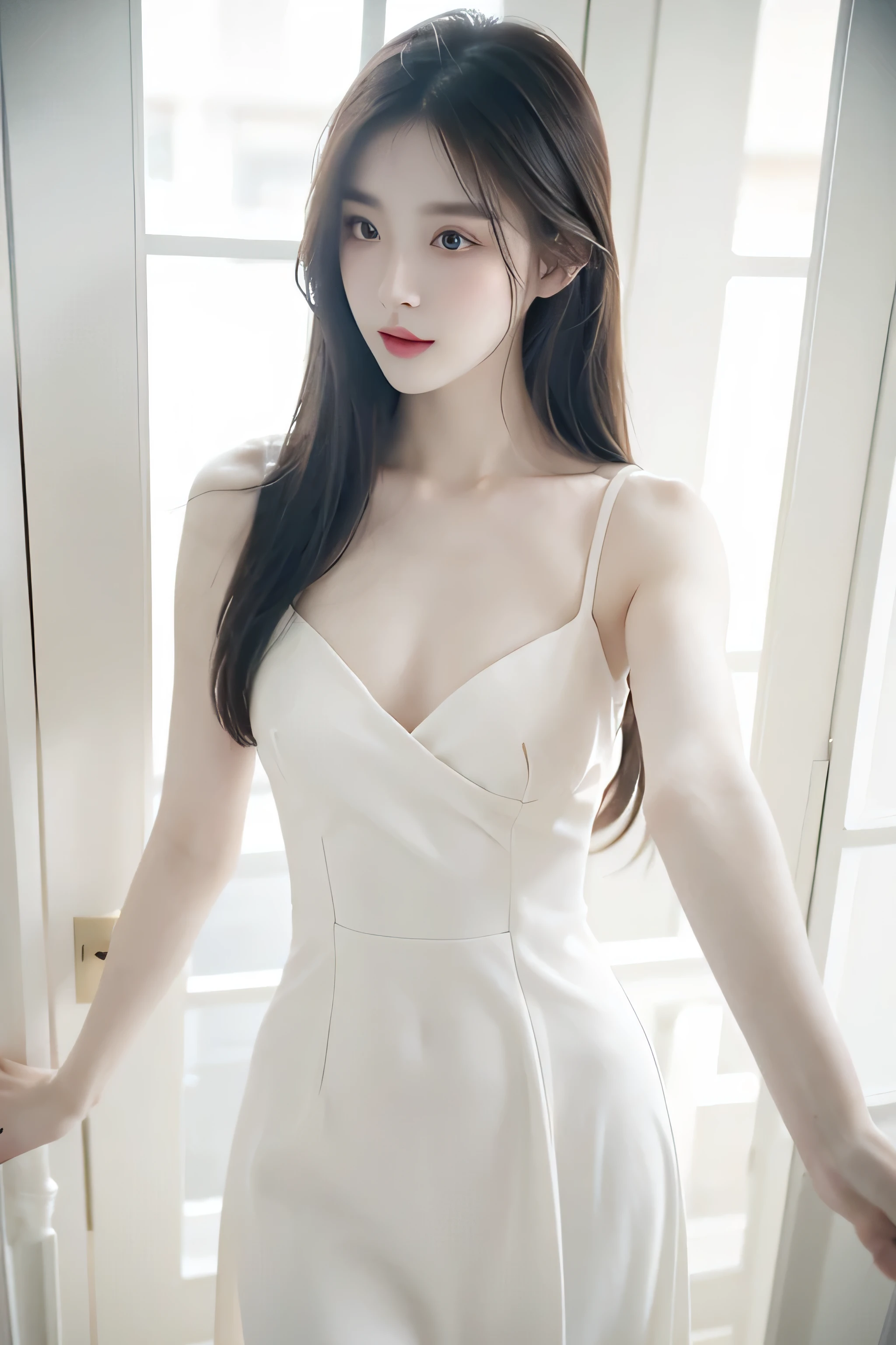 woman wearing white dress, 苍White porcelain肌, White skin!!, Light milky White porcelain skin, long black hair, Samu rice paste, ivory pale skin, porcelain white skin, pale ivory skin, girl, White porcelain, 8k selfie photos, White skin，medium sized breasts