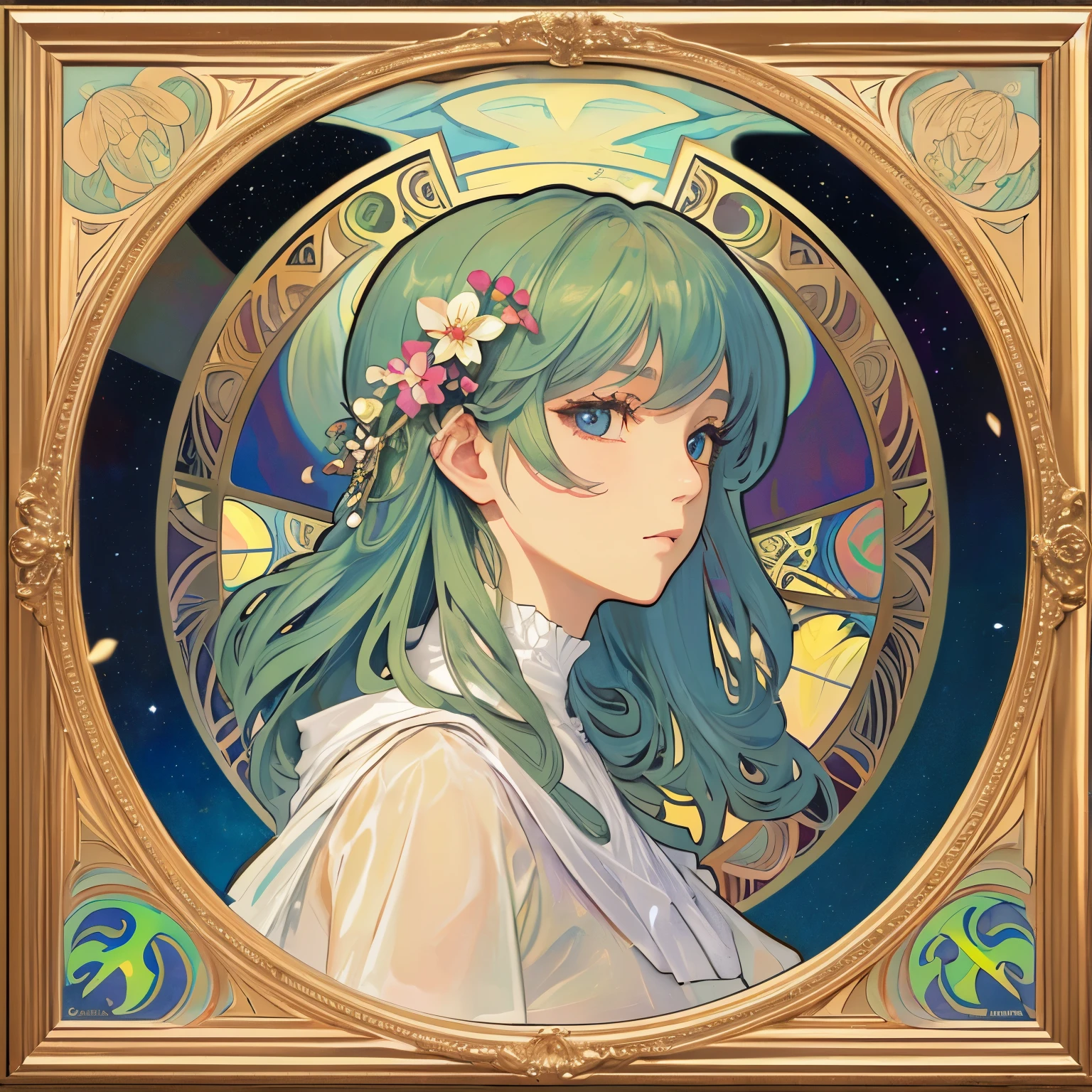1 beautiful woman、(masterpiece、highest quality、highest quality、beautiful and aesthetic:1.2)、Rainbow-colored、sparkling jewelry hair ornament、flowers in full bloom、detailedジュエリー、dynamic、Based on the concept of an elegant woman、((Alphonse Mucha style))、shining eyes、colorful hair、falling petals、Gradation、非常にdetailed、Complex、detailed, wonderful, Complex詳細,complementary color, realistic concept art, 8K resolution, 逸脱のmasterpiece、background starry sky、clove up、cover、magazine、art history、Full moon behind、Illuminated by light、picture frame