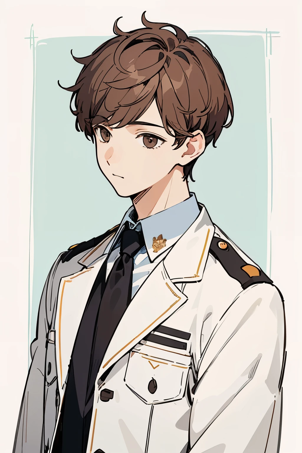 (Detailed and highest quality illustrations:1.2), (Cool boy:1.0), (1 boy, alone:1.0), (brown short hair:1.0), (uniform:1.0), (Upper body:1.0), (super detailed, High resolution, 4k:1.0),