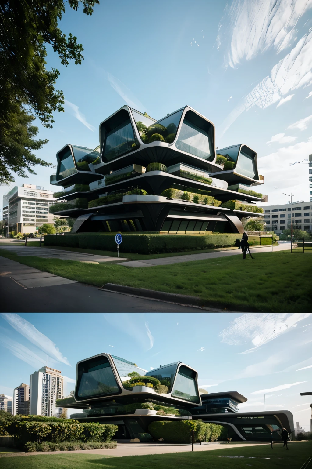 futuristic buildings with vegetation