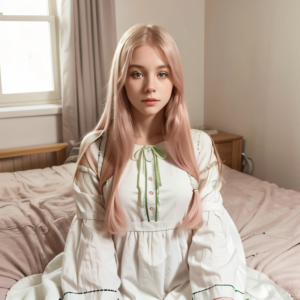 Girl, soft long pink hair, green eyes, calm features, white skin, young woman, dress style with sleeves, room