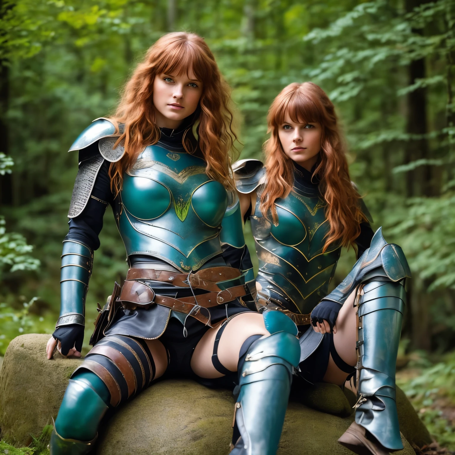 Viking Era, a athletic Barbarian woman with short Red Hair, entricate tattoos along her waist, sitting seductively on black Horse, big bear fur cloak, green Leather bra and green leather underwear, hazel eyes, black hide boots, chrome battle Axe holstered beside her, 4k, HD, ultra HD, Valley Background.