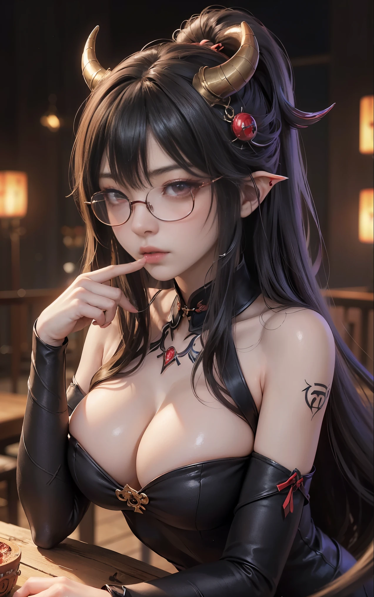 got itですかですか、(best illustrations)、8k UHD resolution、intricate details、highest quality、realistic、Super detailed、best lighting、best shadow、soft lighting、ultra hd、超realistic、Tyndall effect、Photoreal、(high detail skin:1.2)、 (intricate details, compensate, face to face with the children_v1:0.5), (got it, beautiful and delicate face, got itですか, beautiful and delicate eyes, perfectly proportioned face, high resolution skins, fine skin, Optimal ratio of 4 fingers and 1 thumb, arm under chest, red tattoo on lower abdomen、Wow wow, wide hips, smooth abdomen, thin and thin skin, __fashion__, __hair__:1.25)、Digital single-lens reflex camera、 absurd、(table top: 1.3), (maximum resolution: 1.2), (ultra hdTV: 1.2), cinematic light, fine eyes and skin, detailed facial features, , (sharp focus: 1.2）, (focus on the face:1.2),perfect style, beautiful face, acura, anatomically correct, Highly detailed face and skin texture, fine eyes, double eyelid, thin eyebrows, glitter eyeliner: 1 natural cheeks, Glossy skin, Fair skin: 1.2, (glossy lips: 1.4),(embarrassed look: 1.2),Highly detailed face and skin texture, fine eyes, double eyelid, natural cheeks,  glossy lips: 1.4,exposed cleavage、Bewitching。charm、 Beautiful devil woman from hell, デヴィッド・ホックニーとアルフォンス・ミュシャによる超realistic女性の肖像画, charm女性の肖像画、fantasy art, Chinese humanoid robot、chinese actress、dungeon、dragon、devil&#39;palace of、devil&#39;torture chamber、night、dark style 、in the dark、(detailed spooky background:0.8), magic、 1 girl、evil nun、dark necromancer、Succubus、devil&#39;Daughter of、Shinonome Umi、bat wings，(((devil&#39;Horn)))、 ((((giant glasses, otaku glasses, thick glasses, round glasses)))),(((big breasts)))、(devil&#39;tail)、(red eyesは光り輝いて:1.6)、red eyesは非常に鮮明で詳細です, your eyes are so beautifully made, ((red eyes:1.0)),intricate tattoo, demonic intricate tattoo, thigh tattoo, body tattoo, masterpiece、最もbeautiful face、baby face、cute smile、beautiful plump red lips、筋肉のcharm体、devilのcharm体、devil style、charmブラックマジックコスチューム、The long-haired、Braid、Black hair、Ponytail distortion、, Ponytail with a bow tied at the back of the hair, beautiful expression、body up、big breasts強調、bust,  super tight chest, Breast augmentation surgery, Breasts are very big and round,tight waist、wide ass、 secret key, cowboy lens, (black phoenix dress: 1.0),  devil crown,  red gemstone necklace、Jewelry G Wise,  Please wear black mesh socks,wearing light red、nffsw, nffsw, Meeting beautiful girls, look at the girl&#39;Main body,