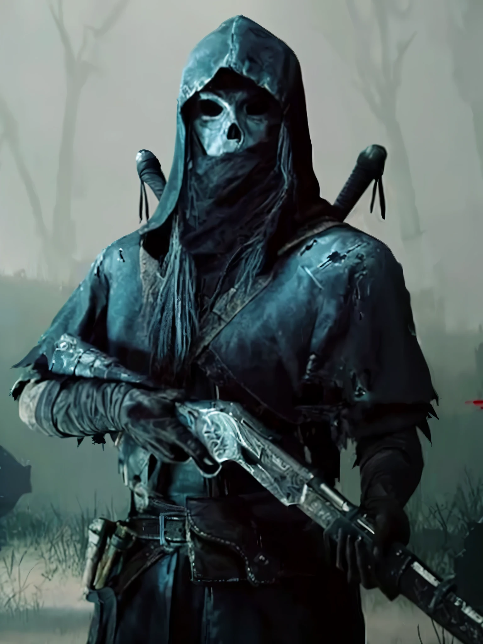 The image of Arafad is of a man dressed in black holding a knife and a knife, black hooded ghost, from《Plague 2》video games, portrait of a bloodborne hunter, The Reaper is a terrible man, Black Cloak Necromancer, Raven Atano, wearing apocalyptic clothes, Desolate doomsday style, Reminds me of death, cultist