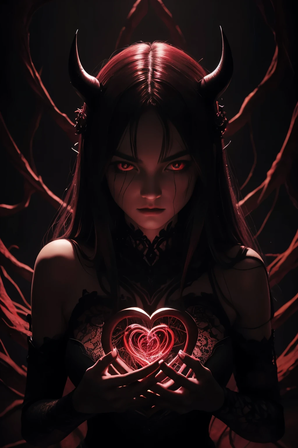 A mysteriously captivating Devil's Heart, pulsating with dark allure and ominous energy. The heart is intricately detailed, veins snaking across its surface like throbbing shadows, and a faint glow emanates from within. This image could be a realistic painting, capturing the otherworldly beauty of the supernatural heart. The contrast of deep crimson against inky black creates a mesmerizing, almost hypnotic effect, drawing viewers in with its haunting, enchanting presence. Every stroke, every detail hints at a deeper, unknown power, leaving viewers spellbound by its dark, exotic beauty.
