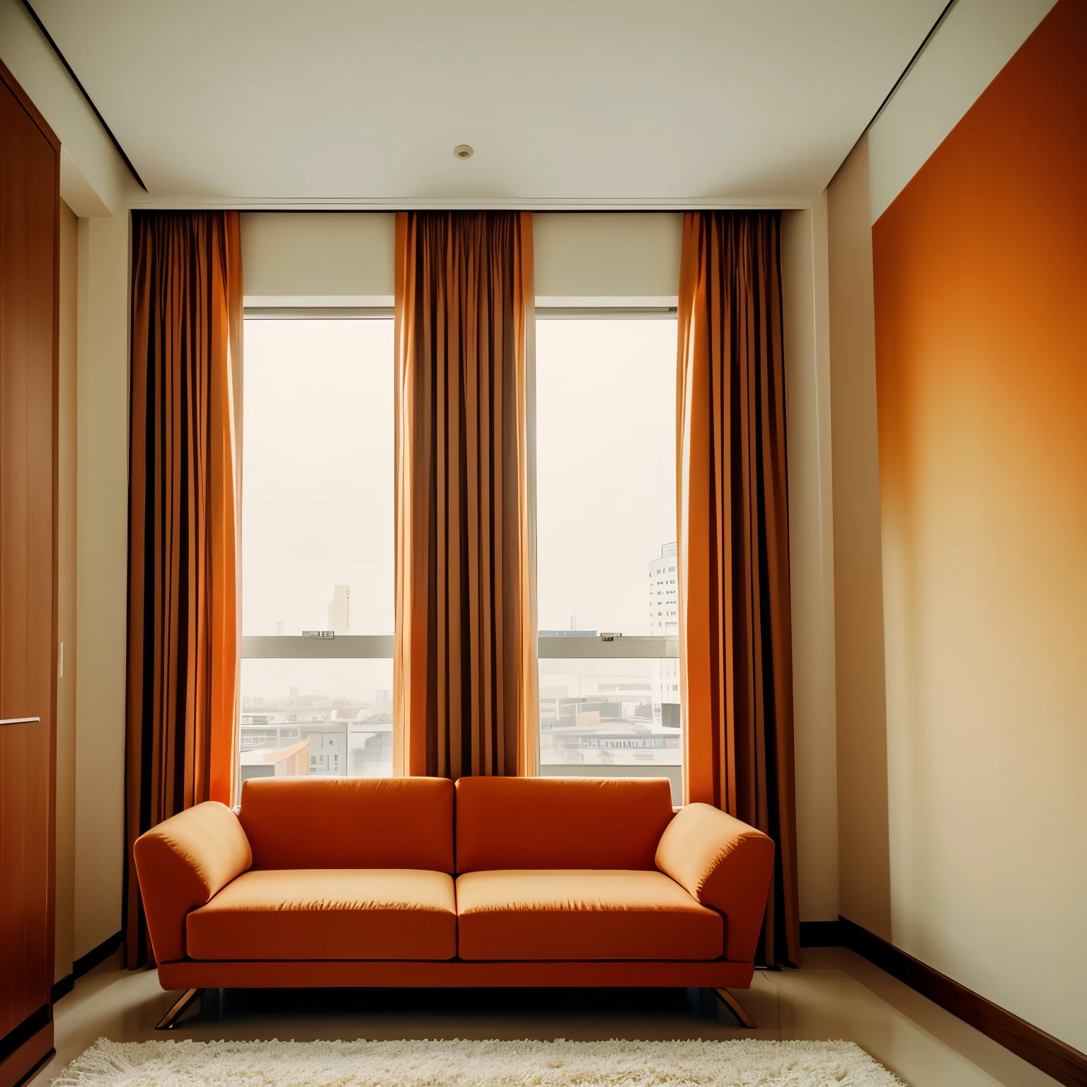 Luxury room, elegant color, empty, modern design, beige, city on window, picture on the wall modern art colorful red blue orange, cozy interior, sofa, fuji 400 film camera professional photography, bokeh, creative photography, creative point of view