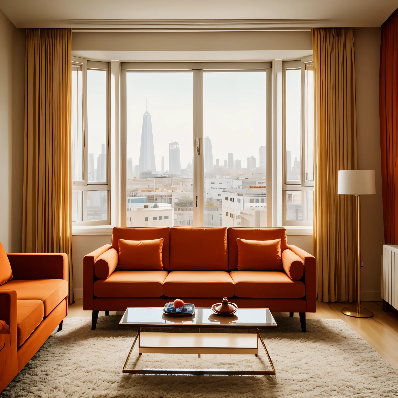 Luxury room, elegant color, empty, modern design, beige, city on window, picture on the wall modern art colorful red blue orange, cozy interior, sofa, fuji 400 film camera professional photography, bokeh, creative photography, creative point of view