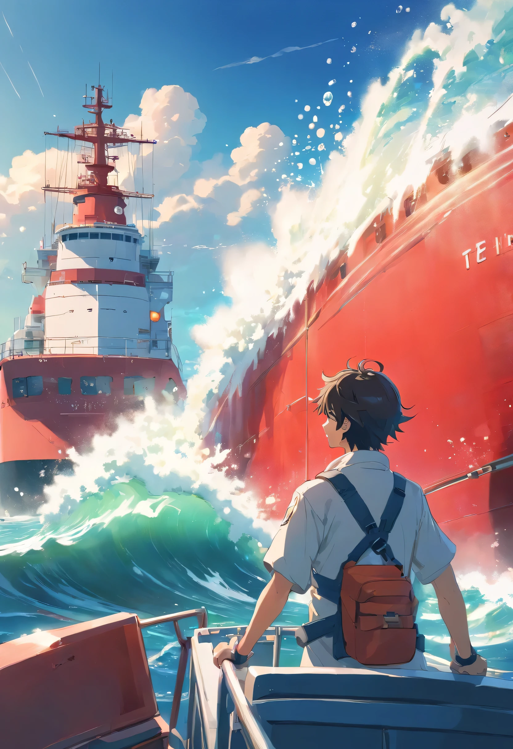 beautiful sea,powerful wave spray、A red and white curing work ship enters the port.、With bubbling dew drops,awesome anime art style,bright colors,Soft and fantastic lighting,High resolution and realistic details,Rear view of a man wearing red coverall work clothes,Wear a white safety helmet on your head,A work boat entering the port、Expressing the appearance of a ship entering the port from a distance