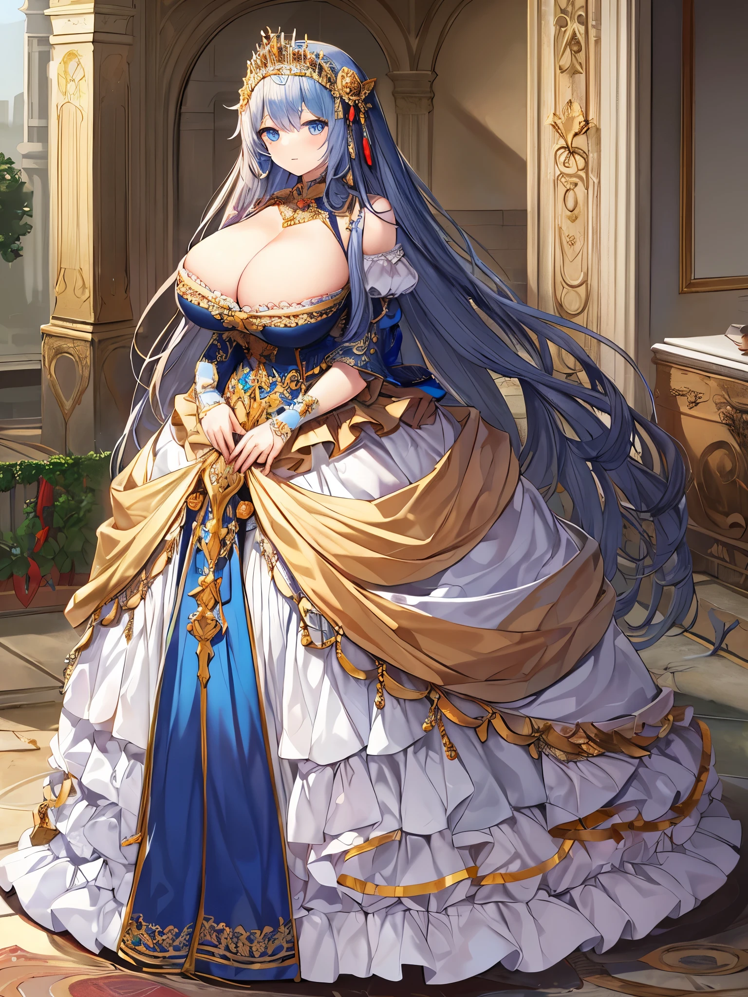 anime artstyle,Masterpiece,Best Quality,Super Detail,Very Delicate and Beautiful,Solo,full body,full body portrait,((1 princess in a jeweled rococo ballgown with beautiful embroidery)),(((very gigantic tits))),cleavage,Skindentation,((fantasy castle,outdoor)),((crinoline,long train)),super detailed gorgeous princess ballgown with voluminous full length hoop skirt,gorgeous princess rococo ballgown with long train,gorgeous princess rococo ballgown with beautiful embroidery and jeweled,(detailed face and eyes),jewel-like eyes,((extremely voluminous straight Hair,Extremely Long Straight Hair)),extremely gorgeous hair ornament,((extremely gorgeous jeweled big tiara)),luxurious jewelry,((super detailed gorgeous princess rococo ballgown with voluminous full length hoop skirt)),full body