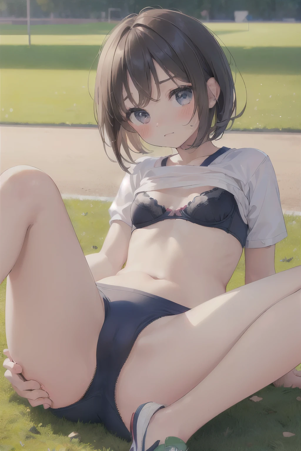(1 girl), chibi,messy hair, Brown bob hair,,(rape face),, masterpiece, best quality, ultra high res, 8k, Professional Lighting, Photon Mapping,,low saturation,front view, full length, realistic background, shallow depth of field, perfect anatomy,,((cute:1.8)),((10years old:1.5))、(sports ground:1.5)、1 girl,(cute:1.8), perfect face, seriously,(nose blush)、(small breasts:1.8),,(short sleeve gym clothes:1.5),(bra:1.8)、(clothes lift:1.2)、(Camel toe:1.2)、(bottomless),(asshole big anus:1.3), Detailed description vagina,Show butt hole、distress, (blush:1.5), think back:1.5, (open anus:1.6)、((spread legs))、(flat chest:1.2)