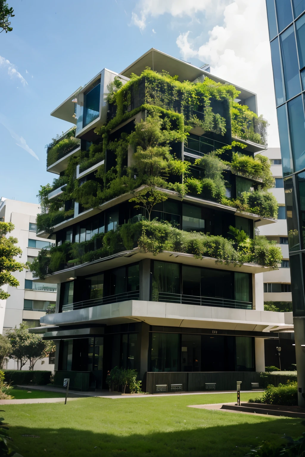 futuristic buildings with vegetation on the building
