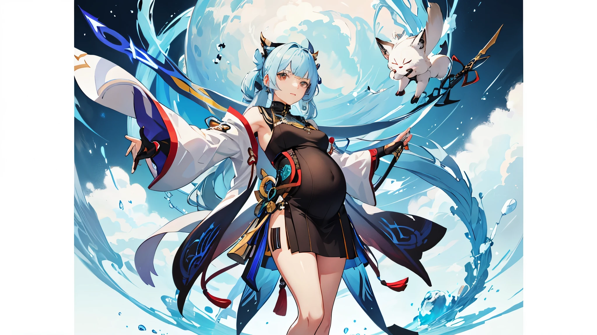 a woman in a dress holding a dagger and a dagger, video game character, from arknights, fox nobushi holding a dagger, hajime yatate, keqing from genshin impact, random haired deity, with small sword, ayaka genshin impact, female action anime girl, official character art, anime character, pregnant anime girl, fetus, random hair color, pregnant belly 