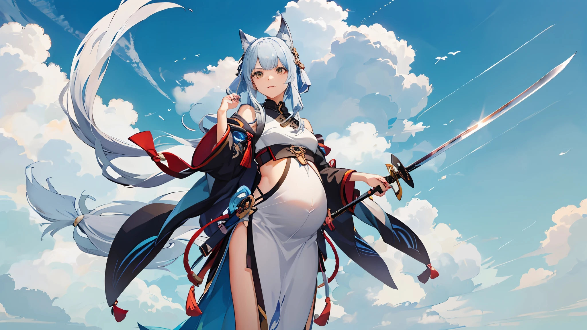 a woman in a dress holding a dagger and a dagger, video game character, from arknights, fox nobushi holding a dagger, hajime yatate, keqing from genshin impact, random haired deity, with small sword, ayaka genshin impact, female action anime girl, official character art, anime character, pregnant anime girl, fetus, random hair color, pregnant belly 