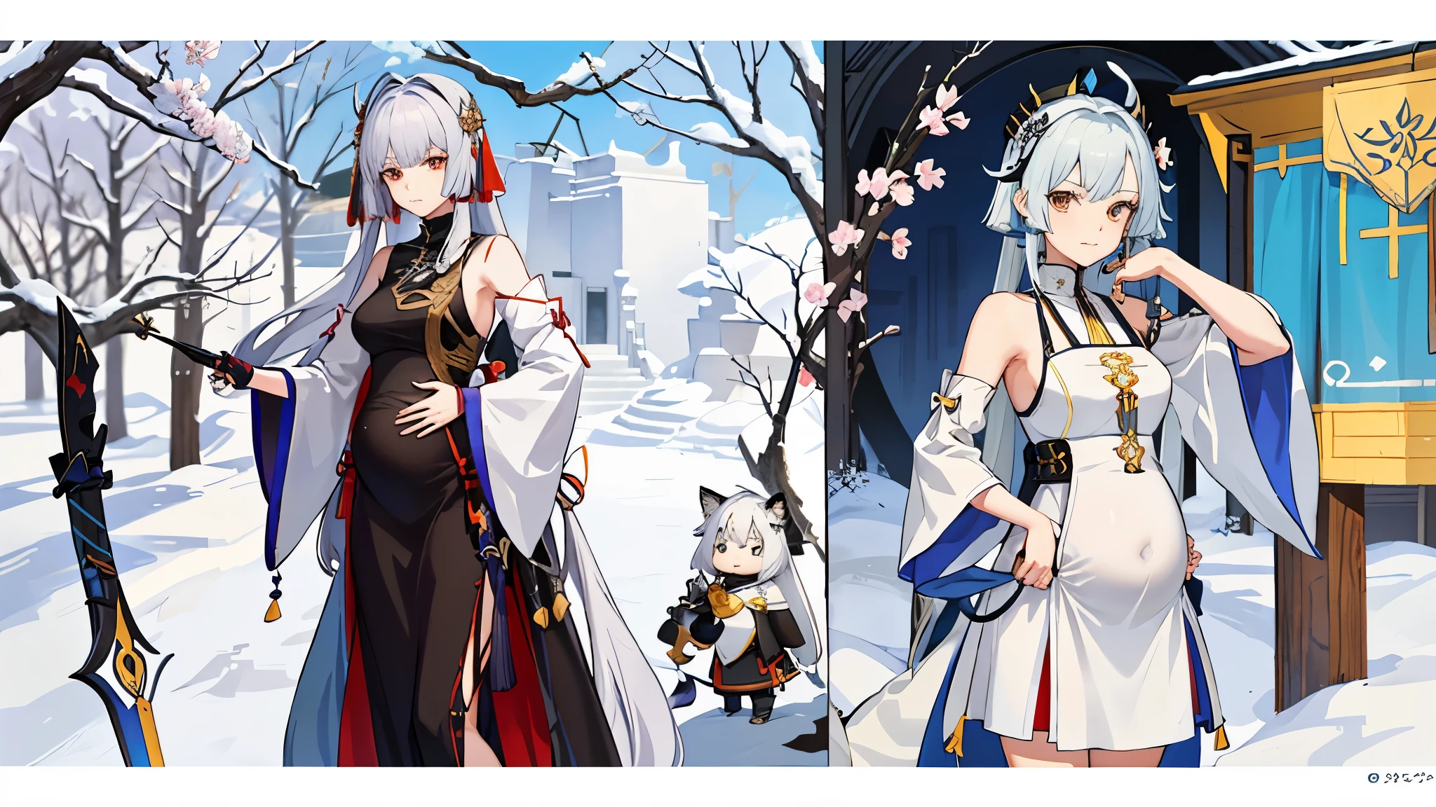 a woman in a dress holding a dagger and a dagger, video game character, from arknights, fox nobushi holding a dagger, hajime yatate, keqing from genshin impact, random haired deity, with small sword, ayaka genshin impact, female action anime girl, official character art, anime character, pregnant anime girl, fetus, random hair color, pregnant belly 