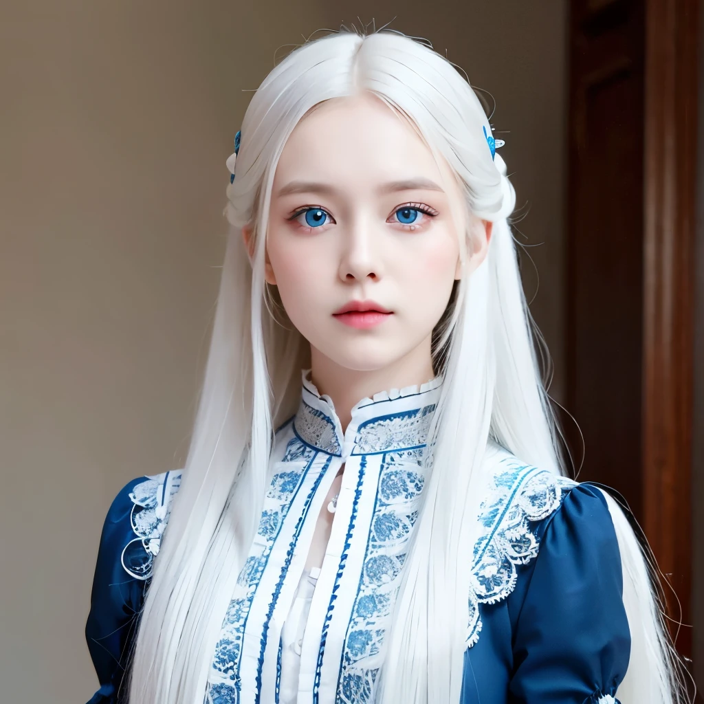 Girl, long white hair, blue eyes, serious sharp features, white skin, Victorian dress style, room