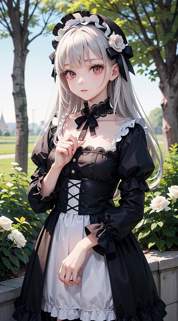 masterpiece,1 girl,long silver hair,red eyes,gothic lolita,Gothic Lolita,white skirt,Black headdress,soft lighting,magical colors and atmosphere,garden,many white roses,mysterious atmosphere,cute pose