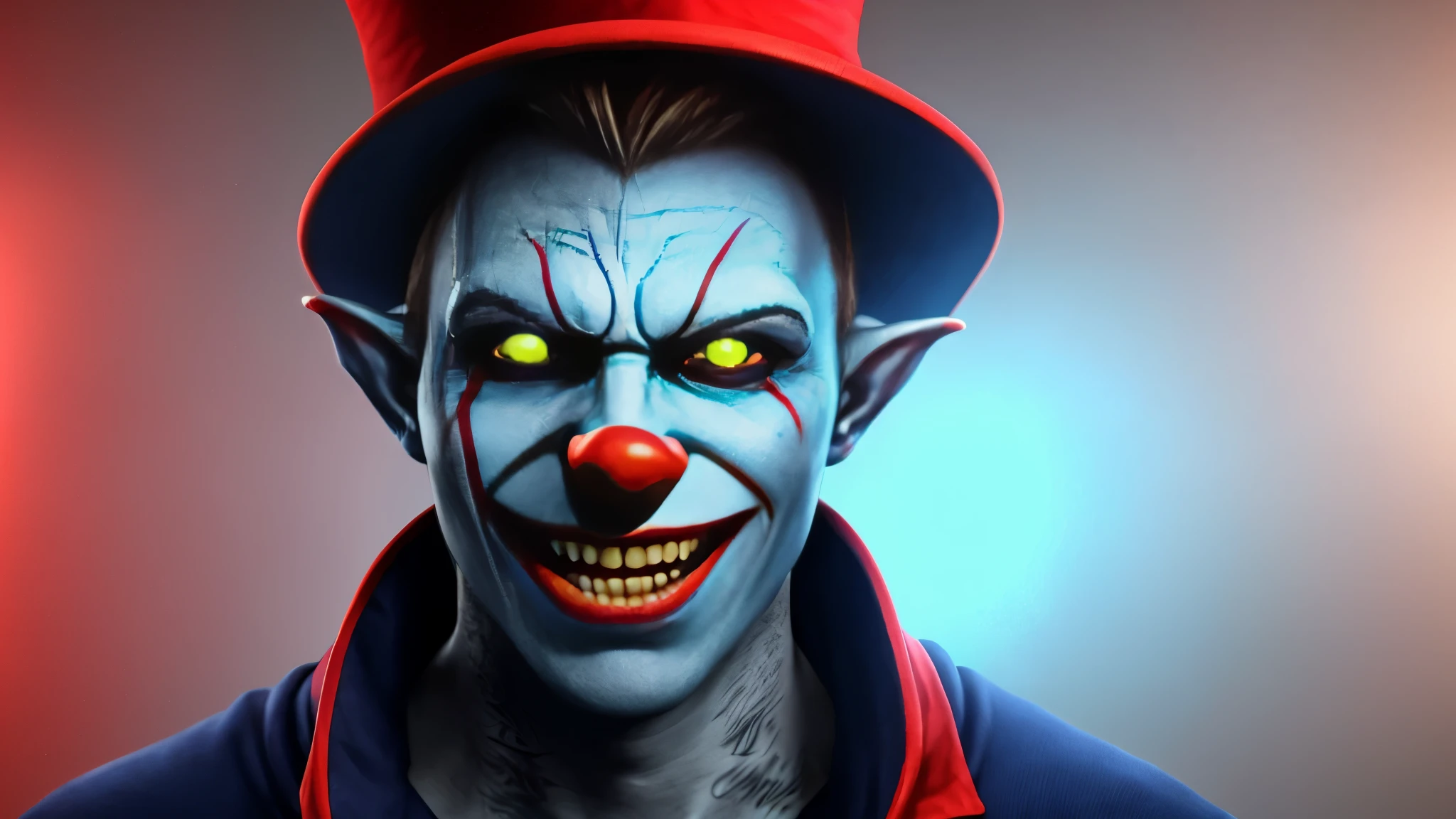 There is a photo of a man wearing a clown hat., blue skin elf, Blueface Unreal Engine, evil smile and glowing eyes, Awesome color art in 4K, Best Jump Scare Scenes, Very scary, glowing eyes and mouth, red eyes shine, his eyes are red and shining, blue shining face, completely red eyes、No pupil