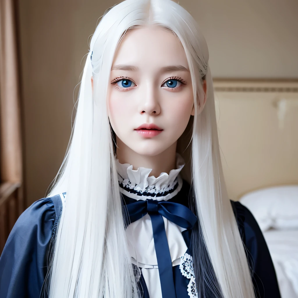 Girl, long white hair, blue eyes, serious sharp features, white skin, Victorian dress style, room