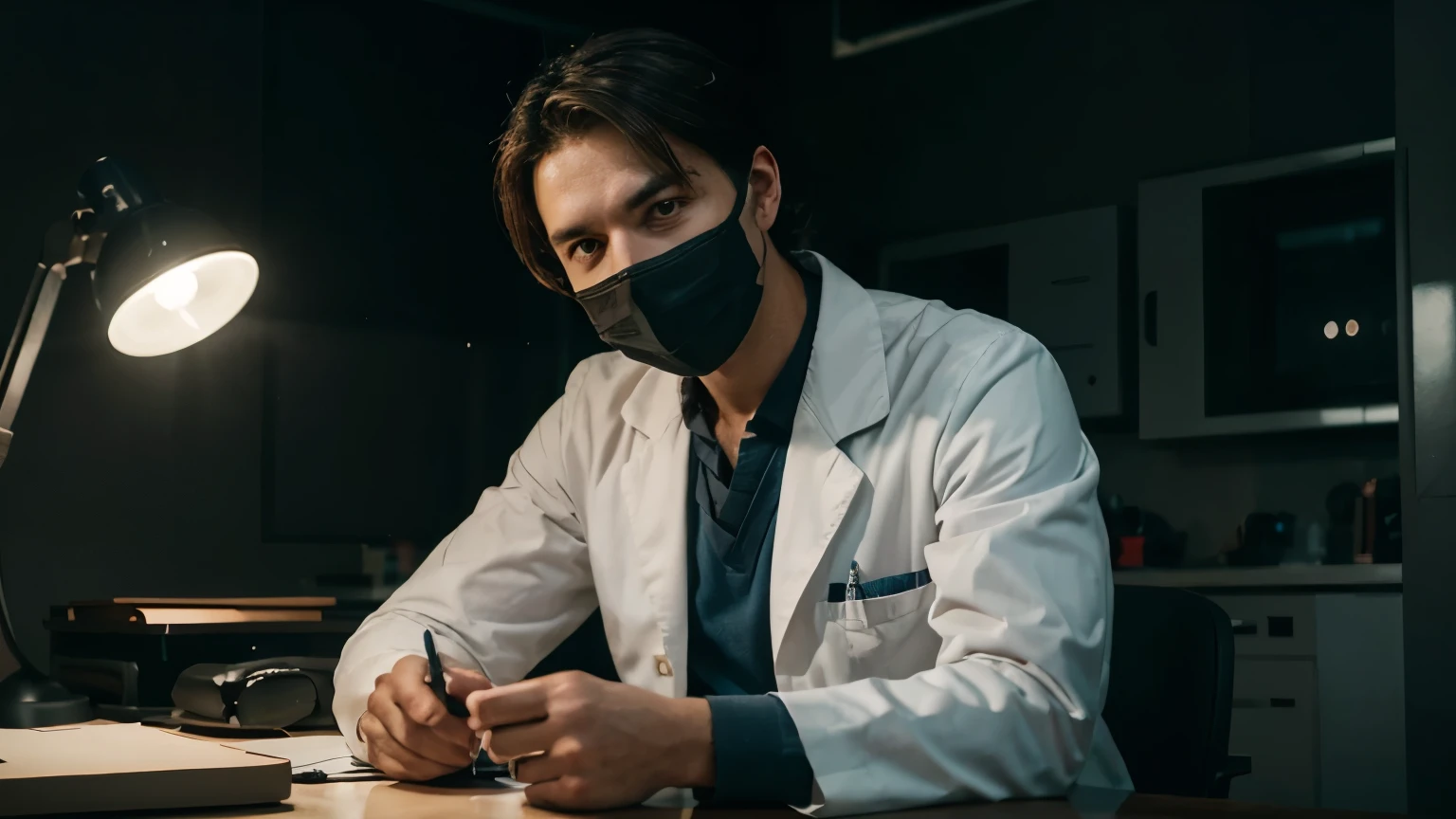 generate ultra realistic male doctor with face mask sitting on the work table in the dark room looking in the camera and talking