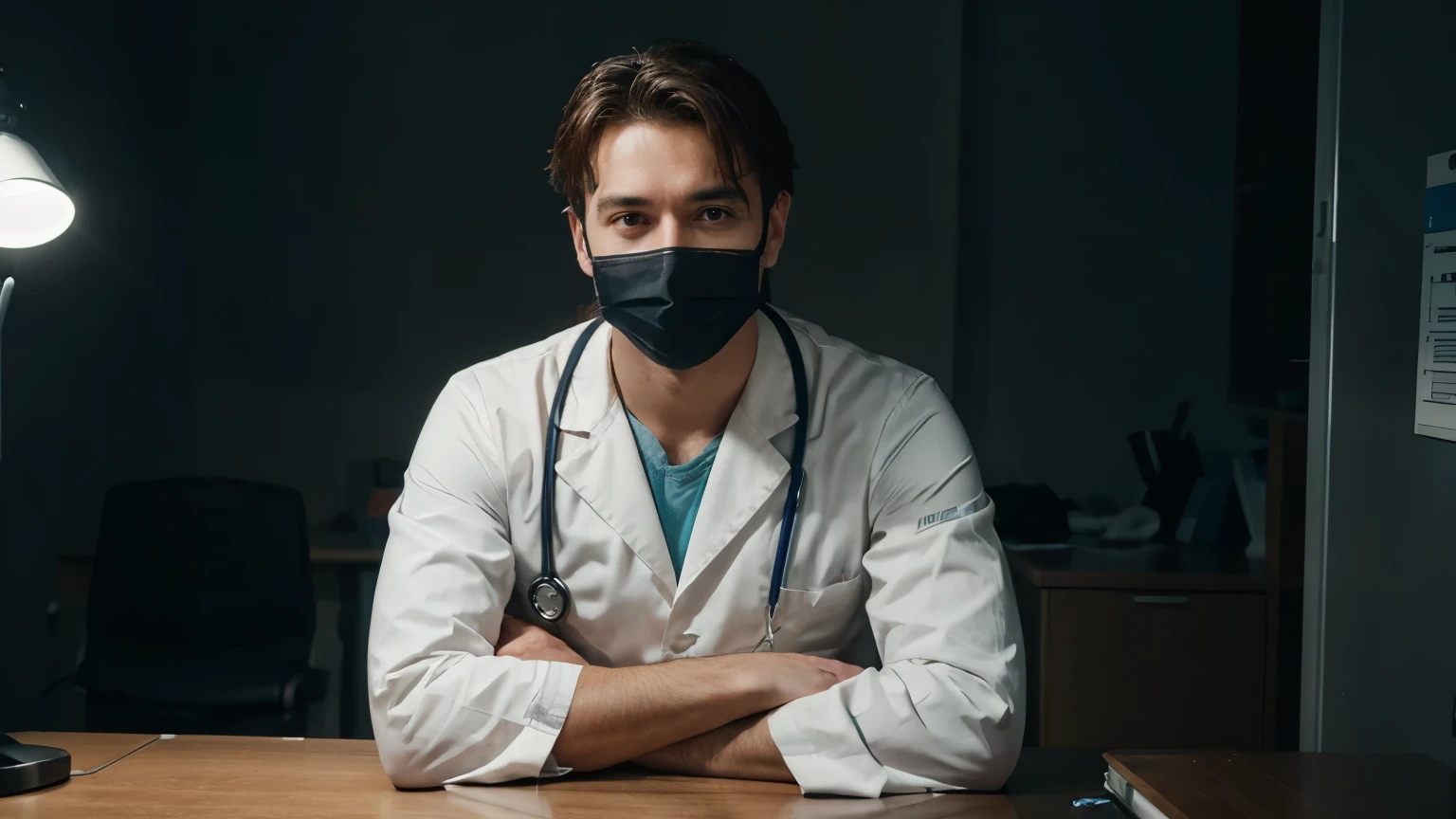 generate ultra realistic male doctor with face mask sitting on the work table in the dark room looking in the camera and talking