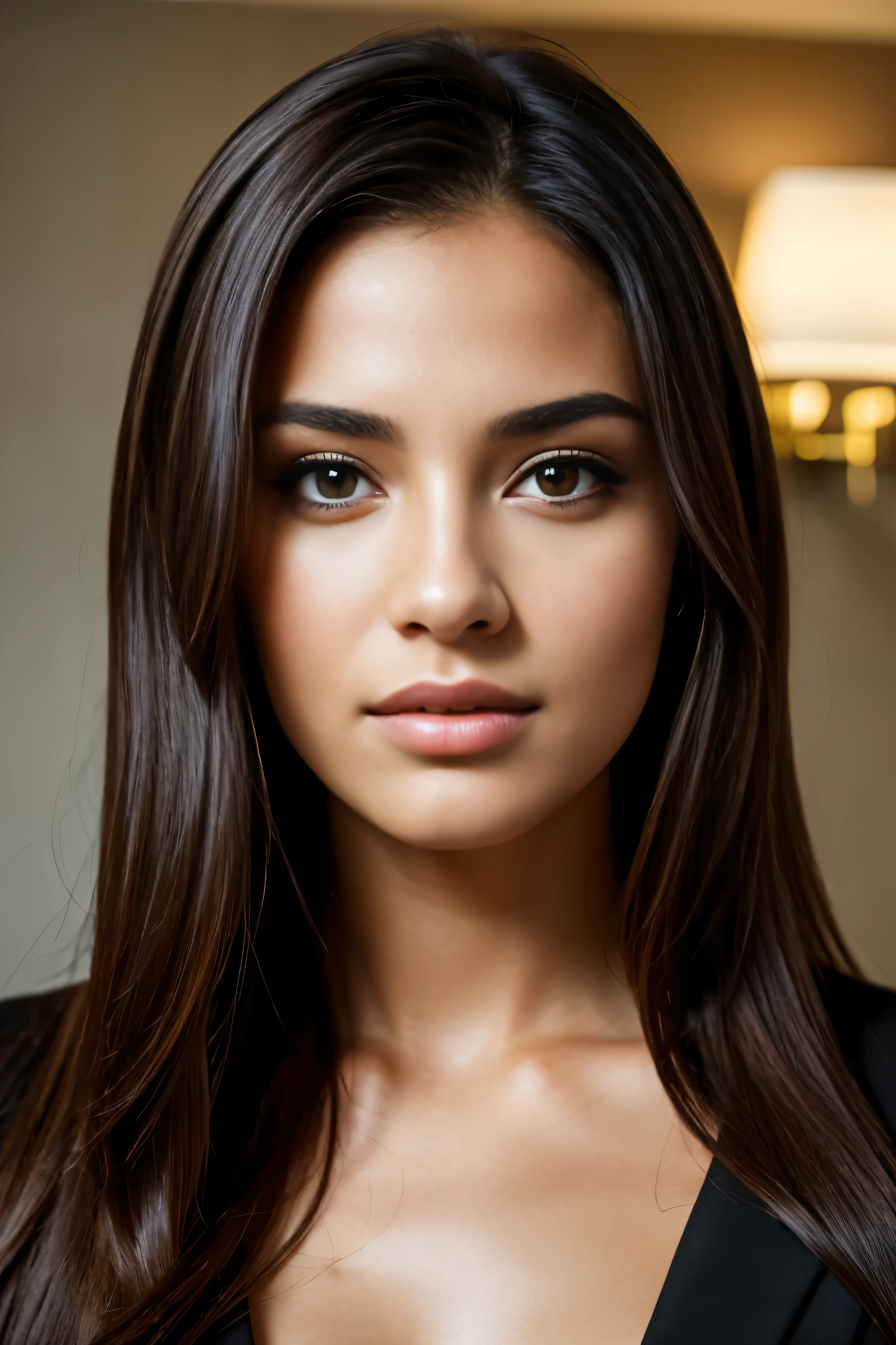 Uma linda garota, Realista , 4k, rosto bonito , retrato , Waring black suite, no quarto do hotel