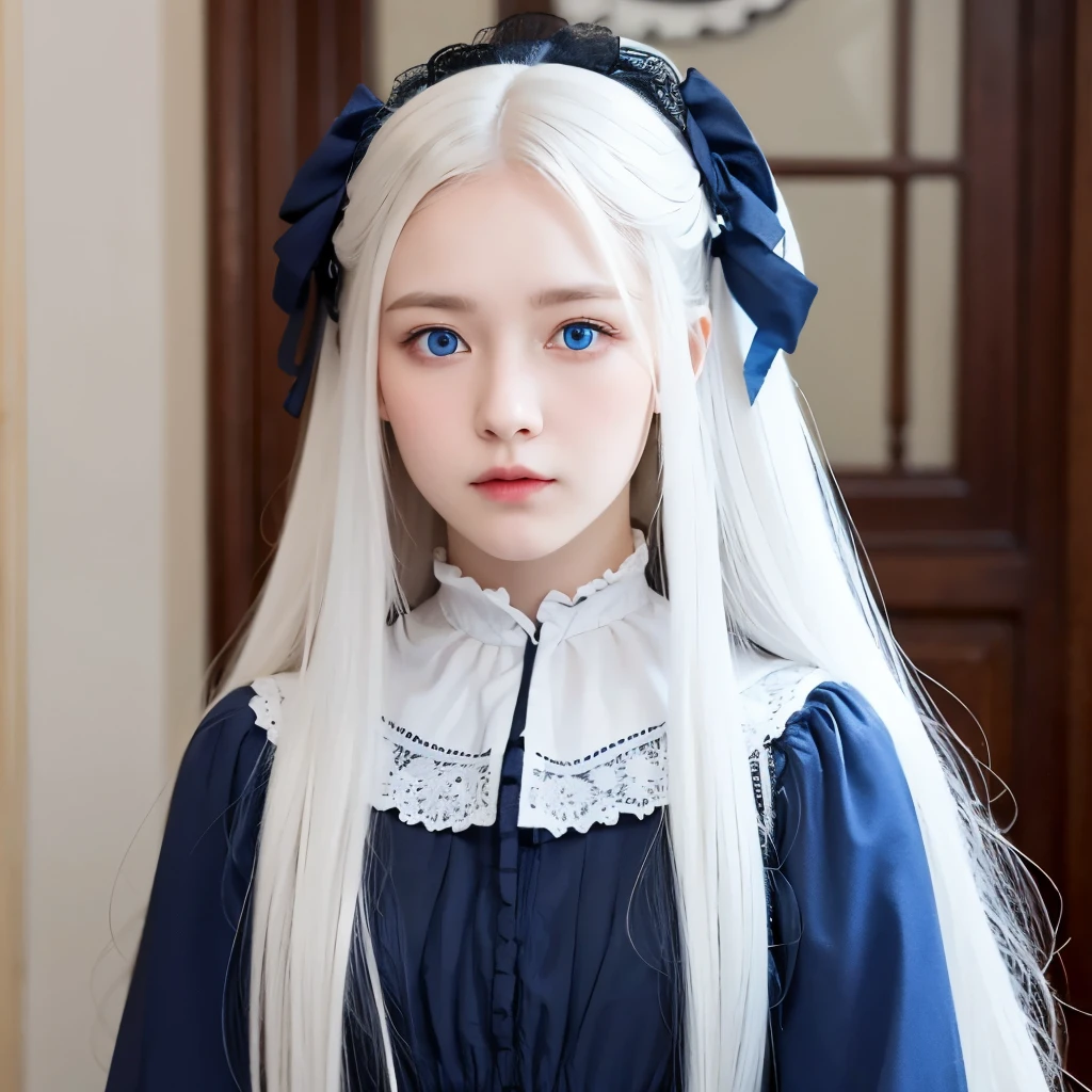 Girl, long white hair, blue eyes, serious sharp features, white skin, Victorian dress style, room