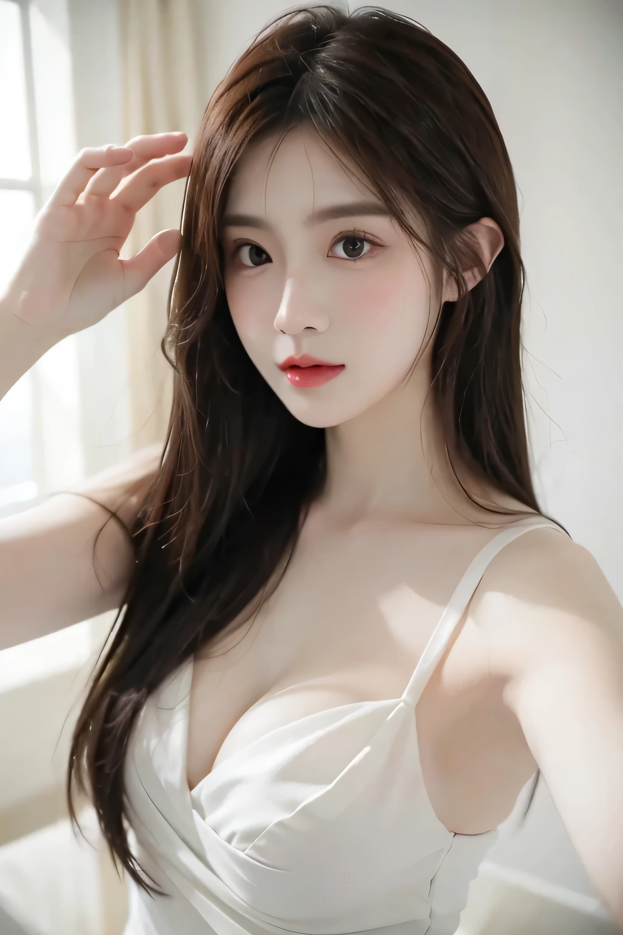 woman wearing white dress, 苍White porcelain肌, White skin!!, Light milky White porcelain skin, long black hair, Samu rice paste, ivory pale skin, porcelain white skin, pale ivory skin, girl, White porcelain, 8k selfie photos, White skin,medium sized breasts