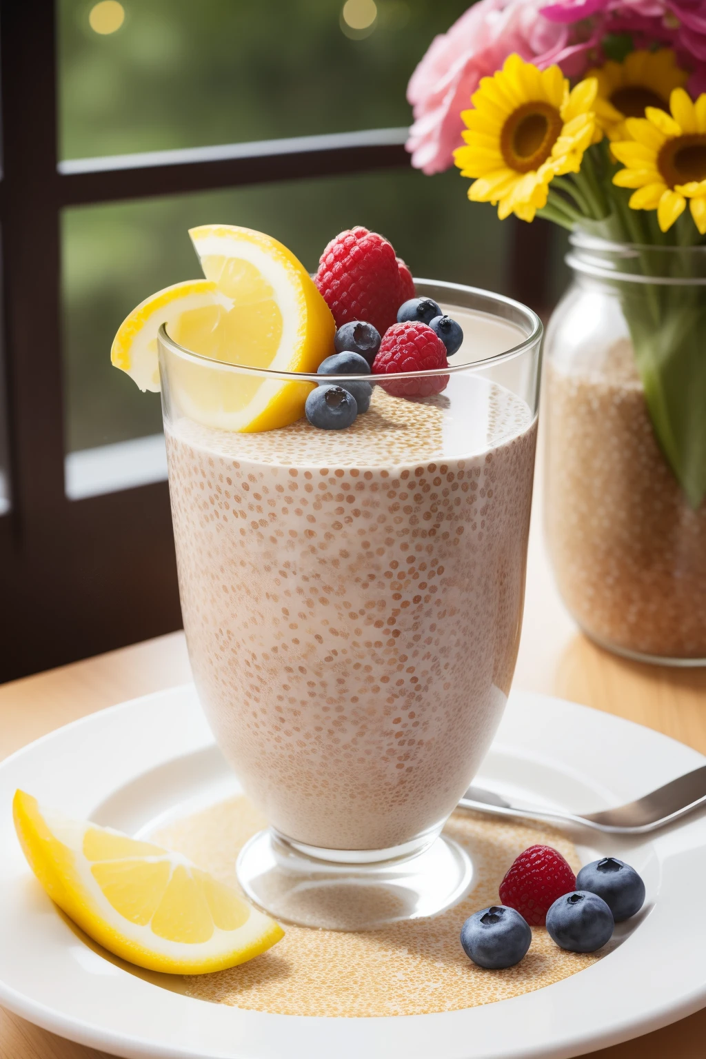 A fitness-conscious Spanish girl starts her day with a typical breakfast dish: chia pudding topped with fresh berries and sliced almonds. The chia seeds, soaked in almond milk, form a rich and nourishing pudding that's packed with omega-3s and fiber. Huesos de sesamo (sesame seeds) and a drizzle of honey add texture and natural sweetness. The plate, adorned with vibrant fruits, portrays a fresh and refreshing start to the day. Photographed meticulously using a Canon EOS R, RF 50mm lens, F/4 aperture, natural light, and