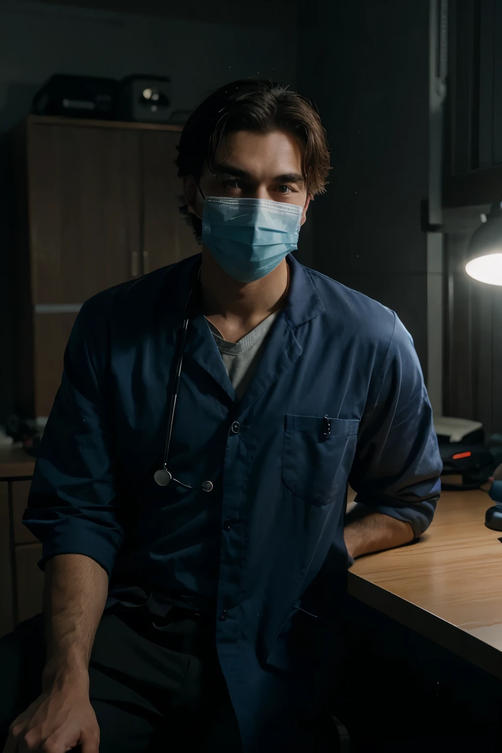 generate ultra realistic male doctor with face mask sitting on the work table in the dark room looking in the camera and talking