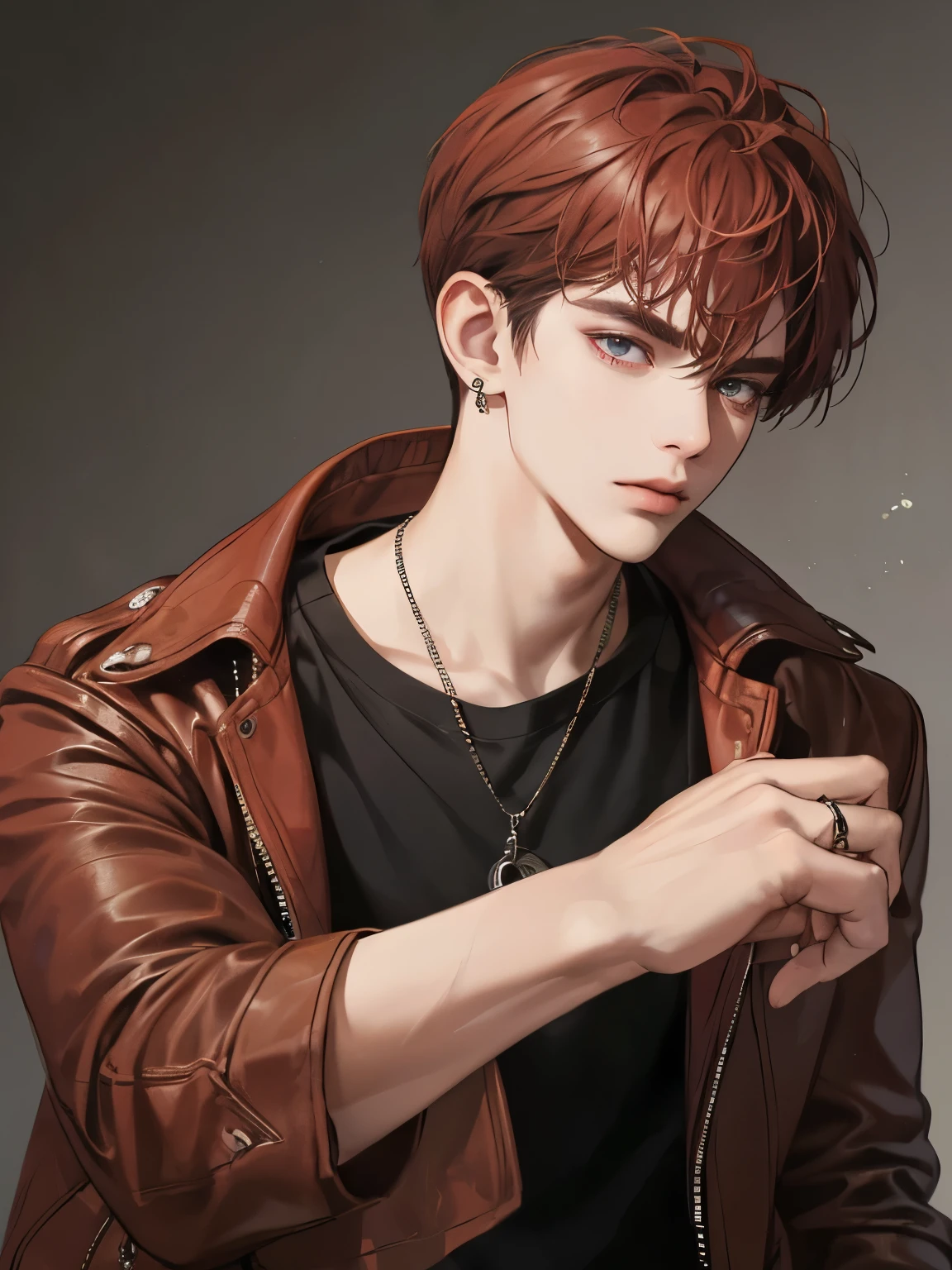 masterpiece, best quality, realistic, 1man, quiet and grunge young man, 16 years old, serious look, extremely detailed face, (dark messy red hair)), EMO boy, ((Dressed in leather jacket, black t-shirt)), posture dynamics, gentle expression on face, pale skin, broad shoulders, emo boy, rings, layered chain necklace, black earrings, handsome, bangs, emo background