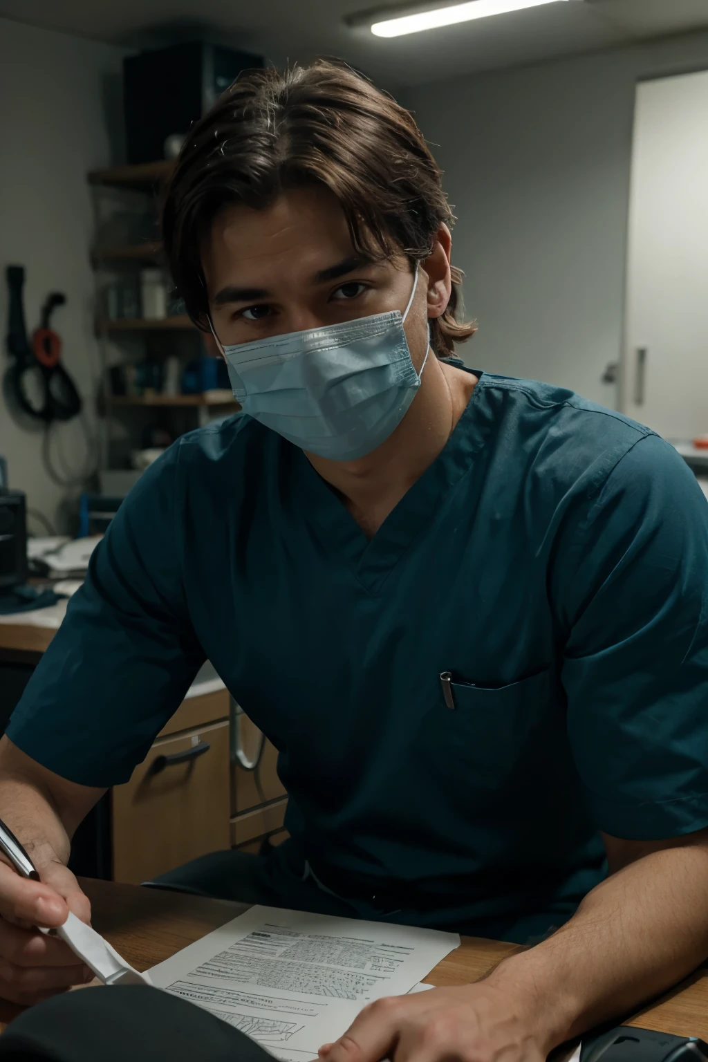 generate ultra realistic male doctor with face mask sitting on the work table in the dark room looking in the camera and talking
